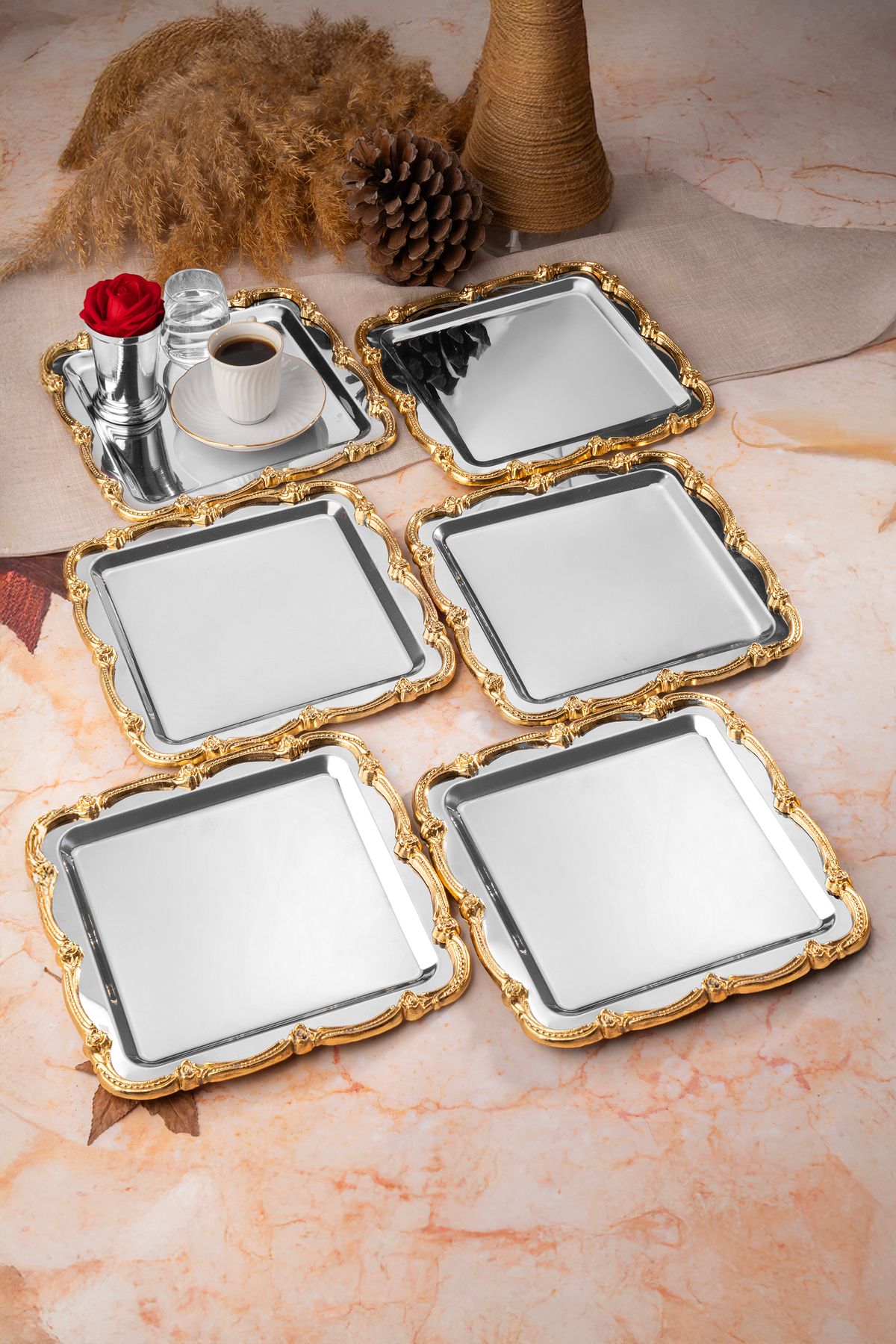 NEWTREND Züccaciye 6'lı lüx Gold Döküm Gül Çerçeveli Gümüş Kare Nişan,Çeyiz,Kahve,Çay Sunum servis Tepsisi
