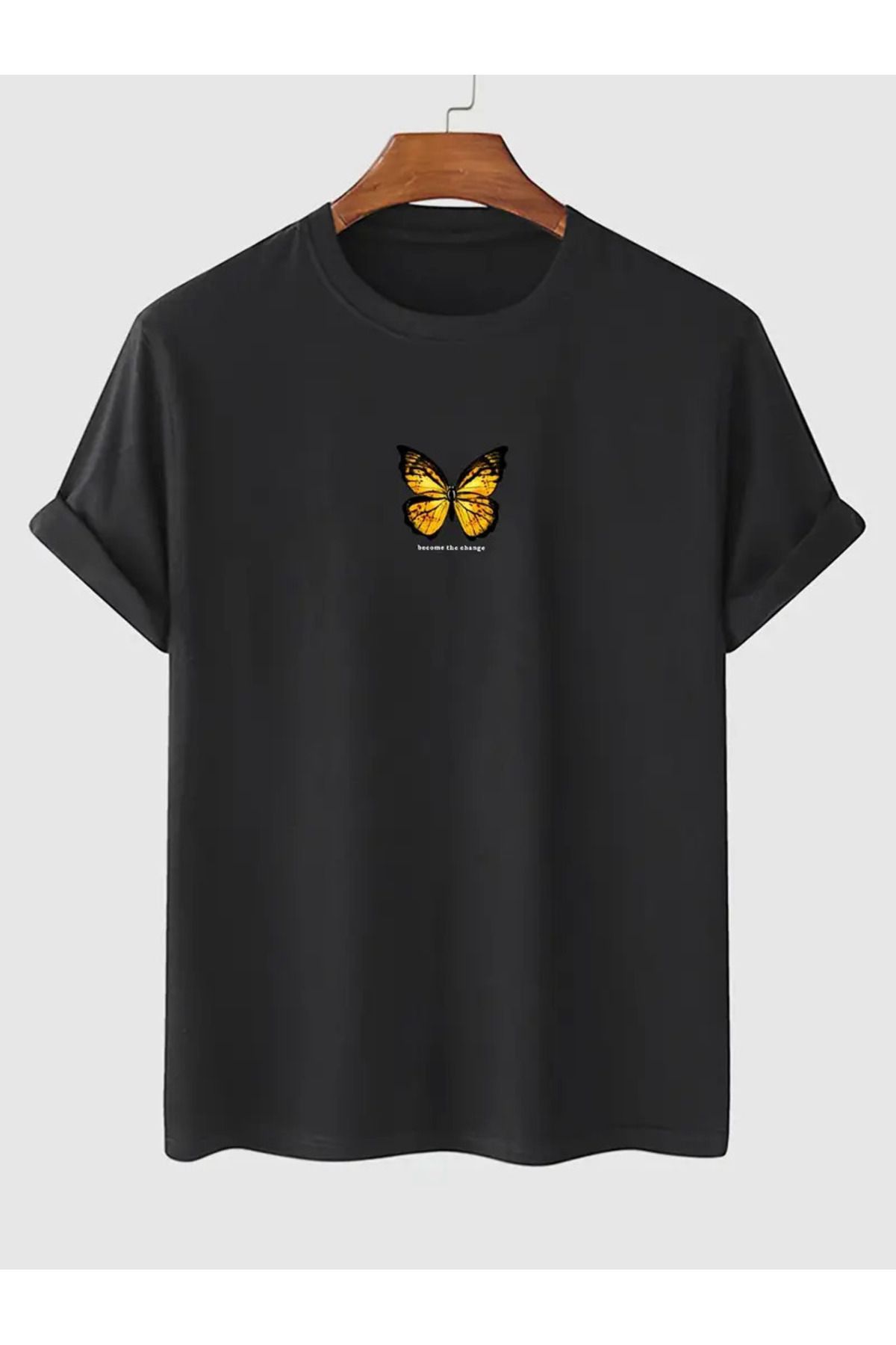İnazuma Outdoors Unisex Oversize Baskılı Pamuklu Bisiklet Yaka Kısa Kollu SİYAH T-shirt Sarı Kelebek