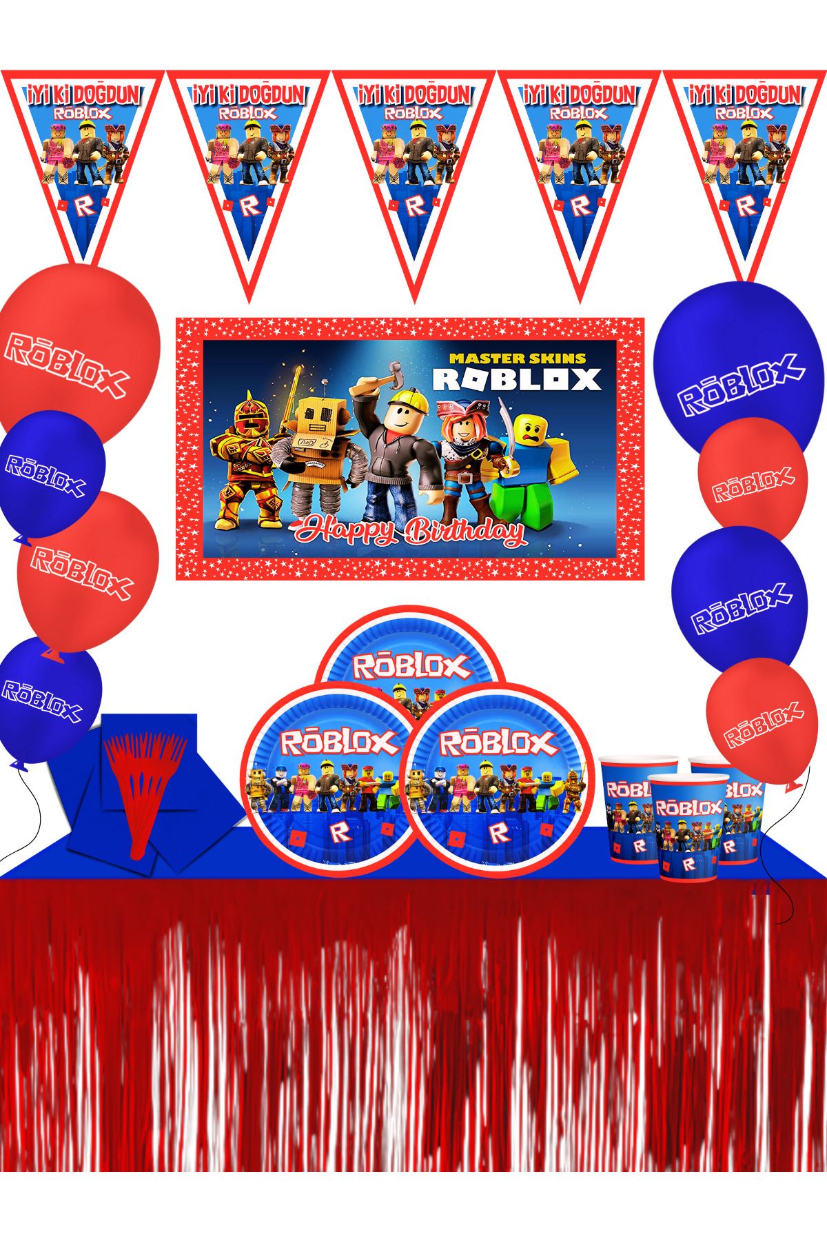 Roblox Robloks Afişli Metalize Masa Etekli 8 Kişilik Doğum Günü Parti Malzemeleri Süsleri Seti