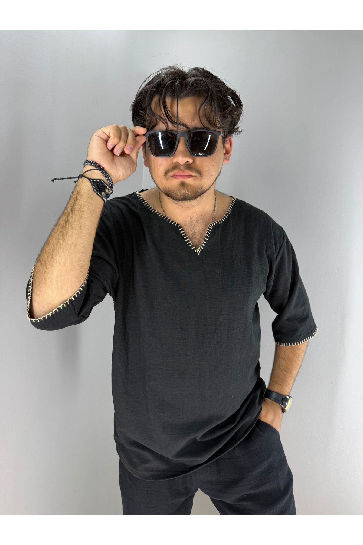 MARESHAL El İşi Kroşata Armut Yaka ve Kol Detaylı Oversize T-Shirt (Siyah)