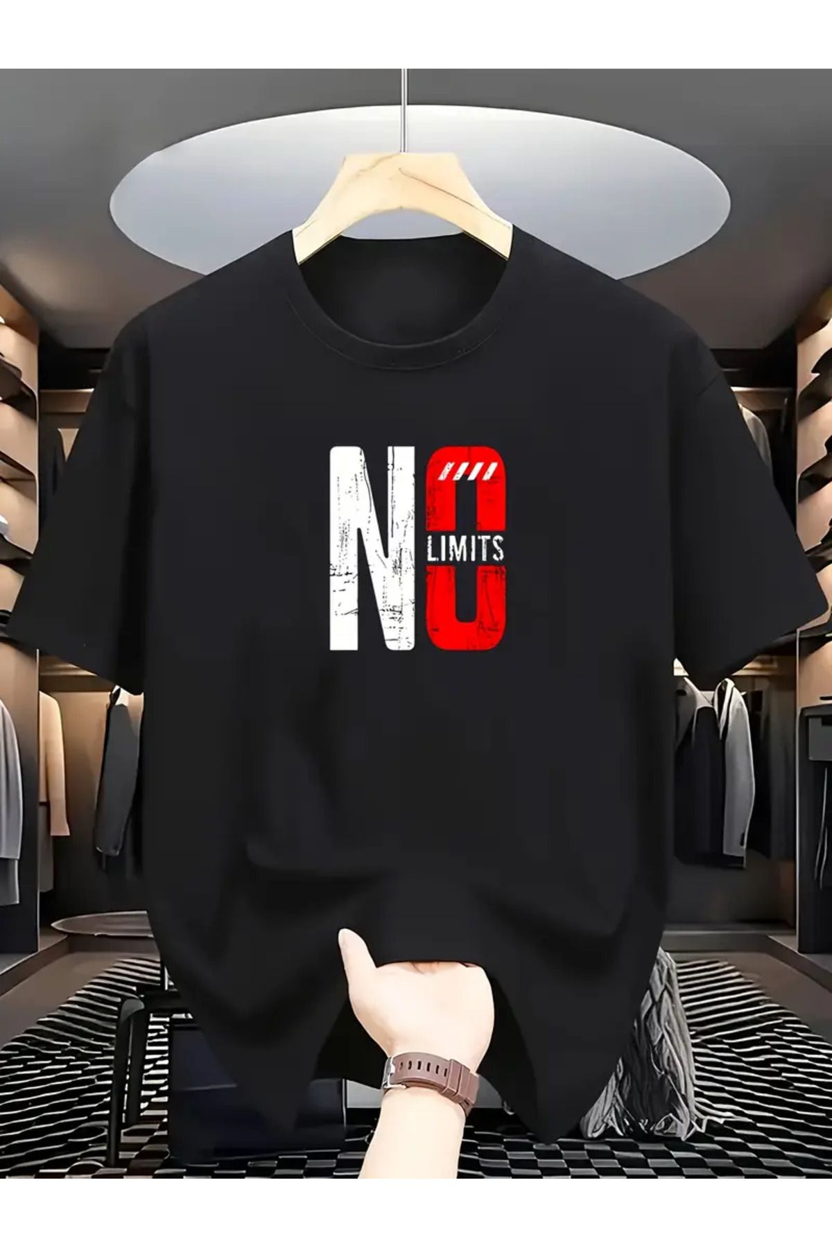 İnazuma Outdoors Unisex Oversize Baskılı Pamuklu Bisiklet Yaka Kısa Kollu SİYAH T-shirt No Limits
