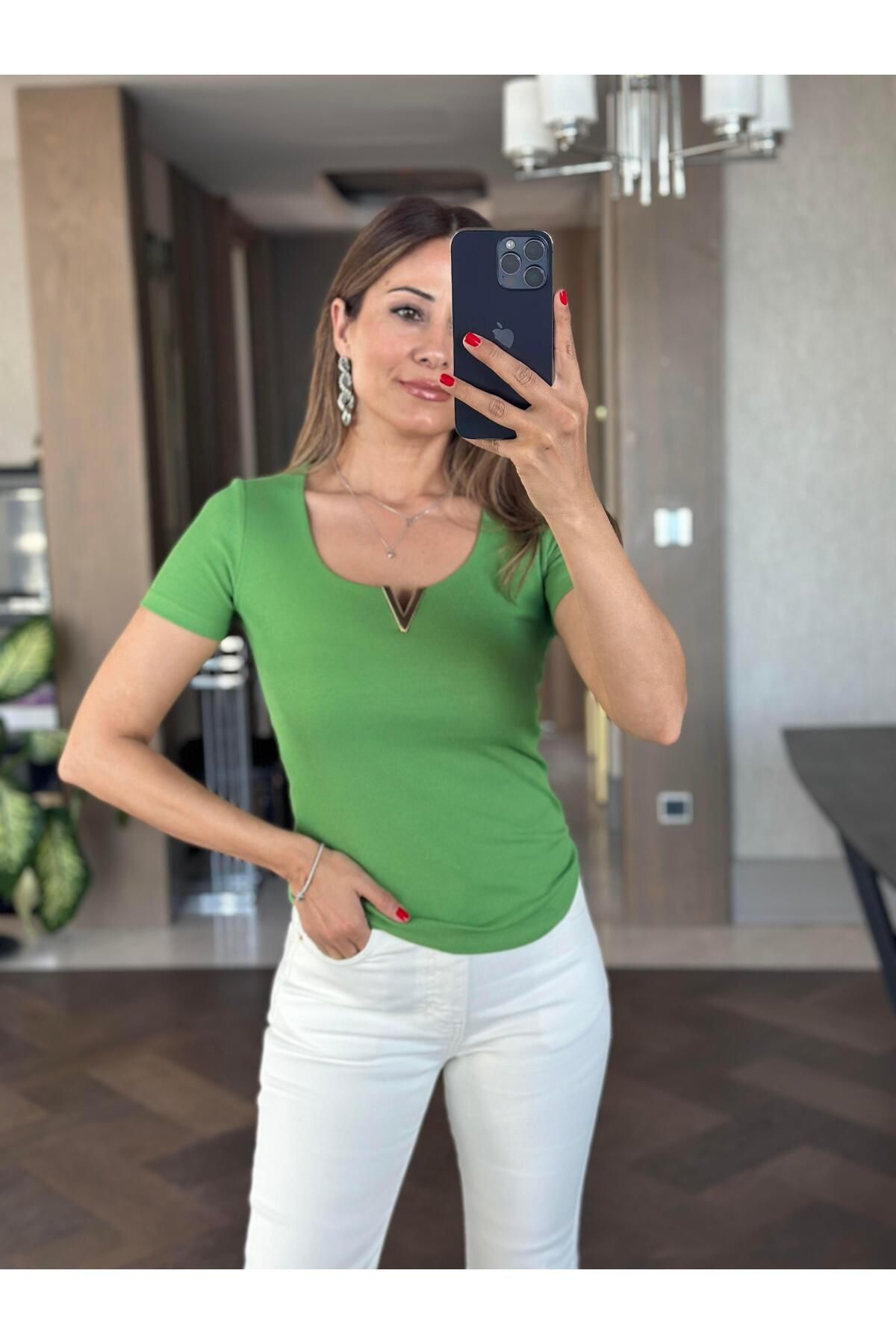Forlady4 Yeşil U Yaka Kısa Kol Gold V Demirli Kaşkorse Kadın Body