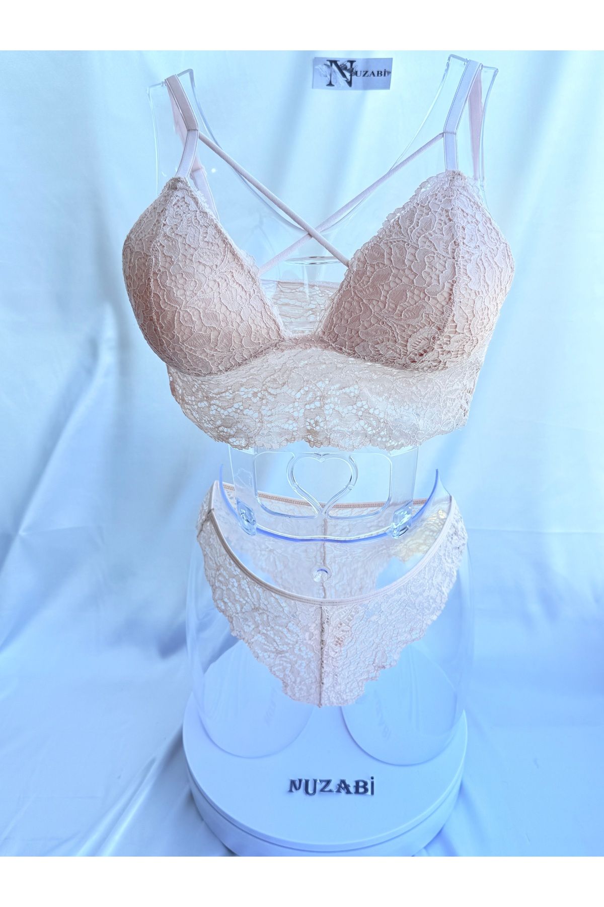Nuzabi Belinda Pudra Çapraz İpli Balenli Dolgusuz Dantel Bralette Takım