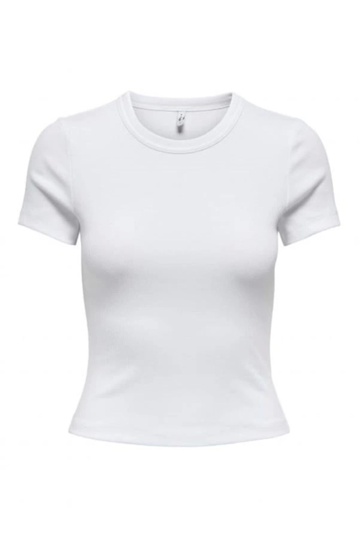 Lale Moda 15339774 Likralı Fitilli Slim Fit Kadın T-Shirt Beyaz