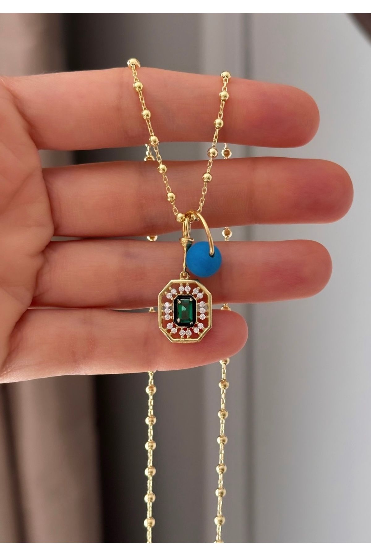 emy by emel luxury silver jewelry Altın Kaplama Mavi Boncuklu Serenay Sarıkaya Leyla Kolye 925 Ayar Gümüş