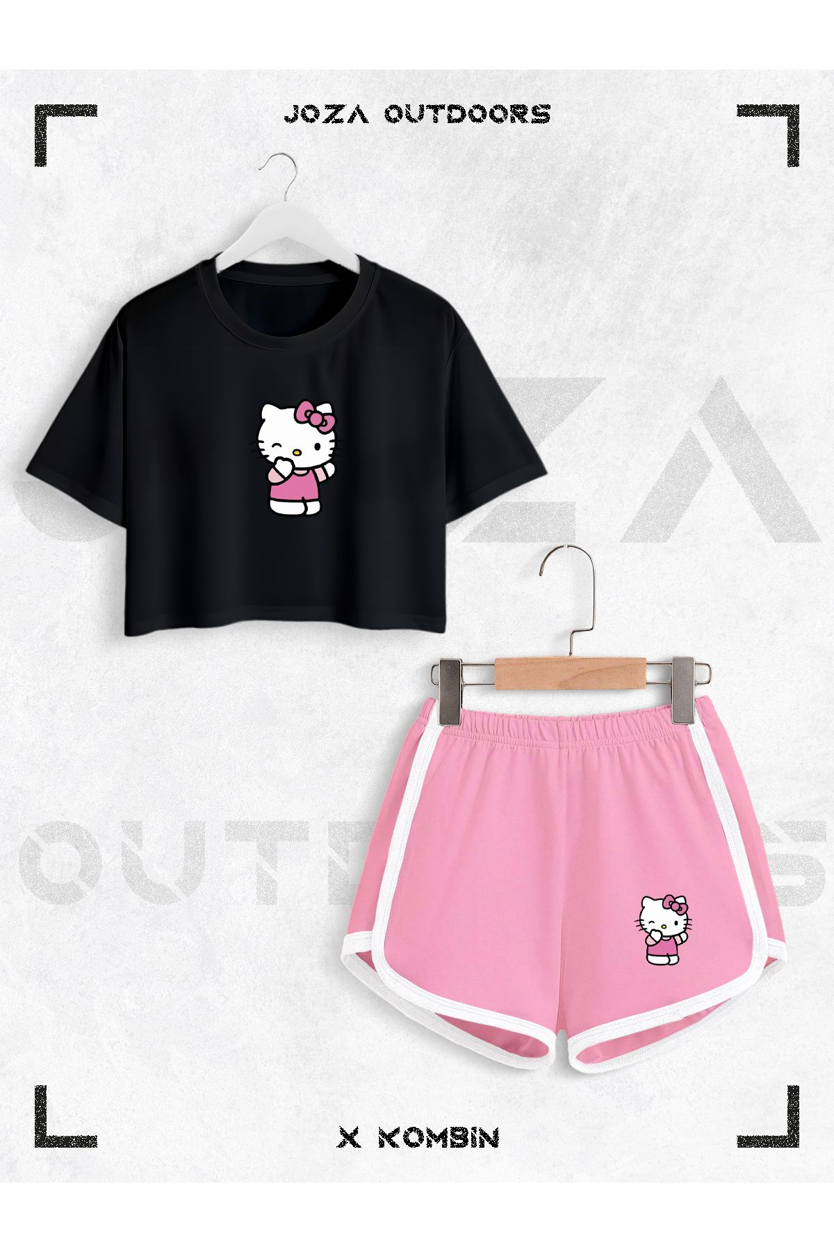 Jobia Outdoors Kadın Hello Kitty Baskılı Tasarım Yazlık Oversize Crop ve Biyeli Şort 2li Takım