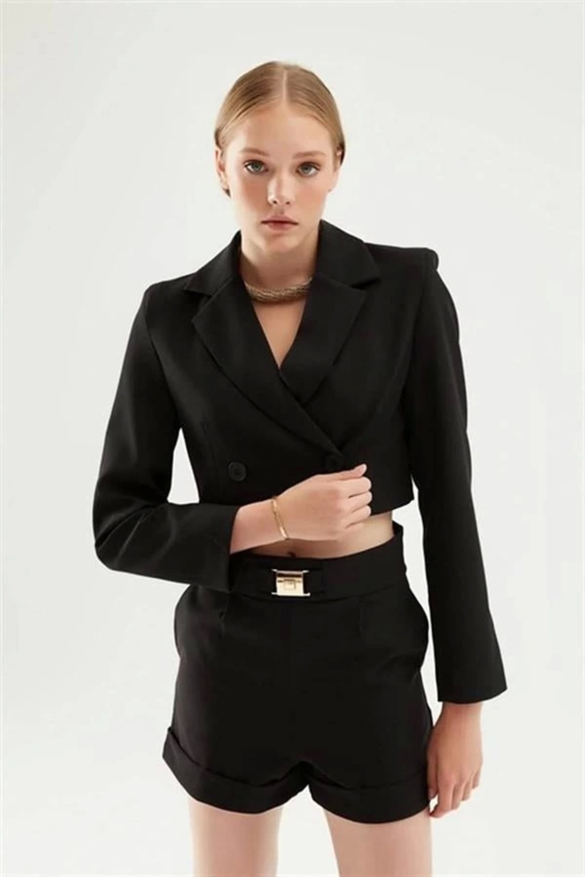 Lale Moda Tek Düğmeli Crop Blazer Ceket Siyah