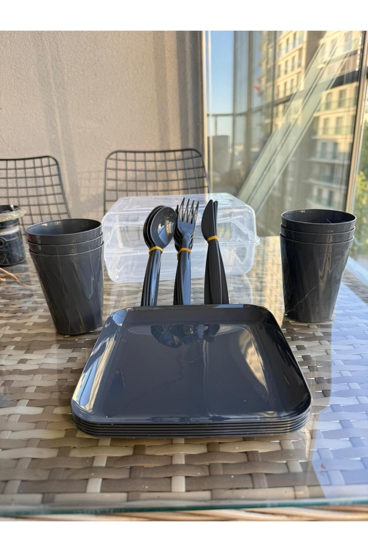 Tercih Home 6 Kişilik 36 Parça Siyah PİKNİK SETİ 6 KAŞIK 6 ÇATAL 6 BIÇAK 6 TABAK 6 BARDAK