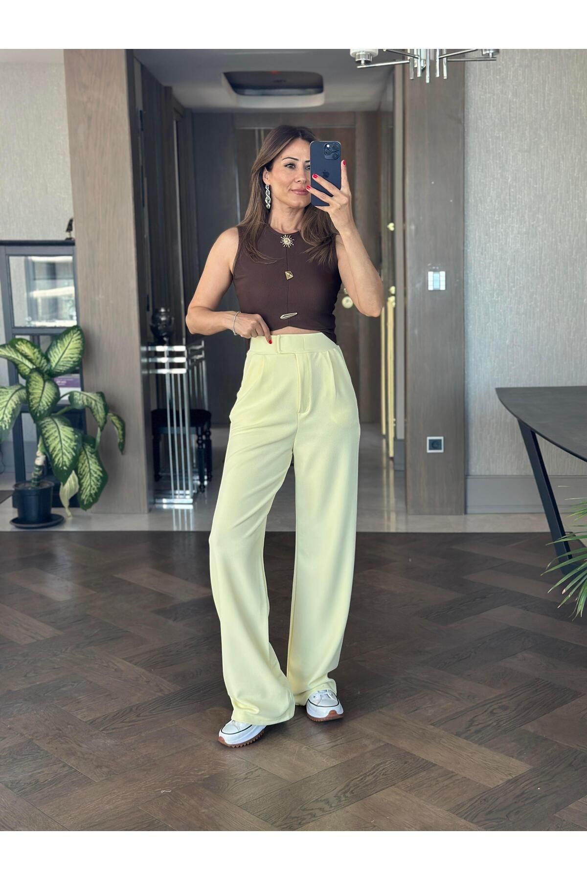 Forlady Butik Sarı Beli Cırtlı Likralı Krep Palazzo Kadın Pantolon