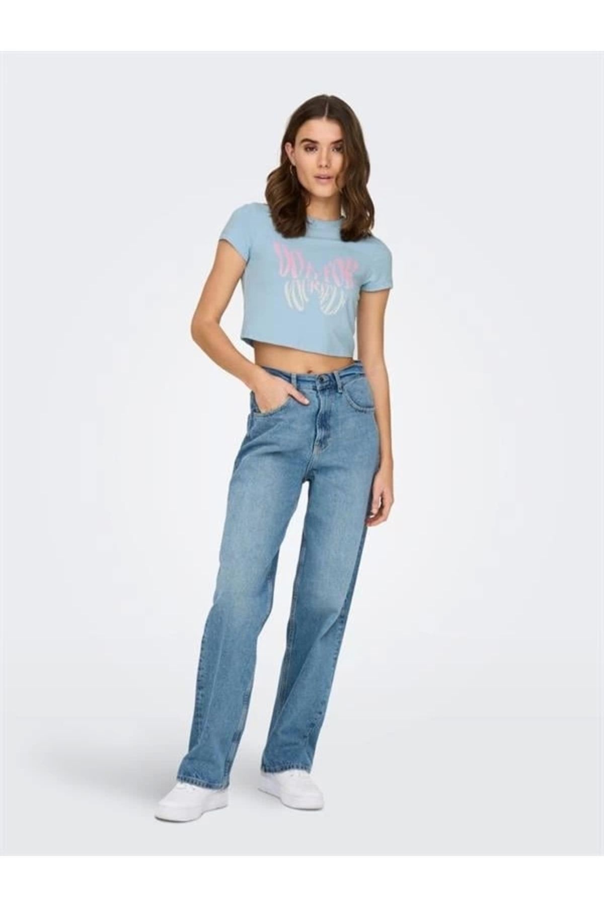 Lale Moda Baskılı Bisiklet Yaka Crop T-Shirt