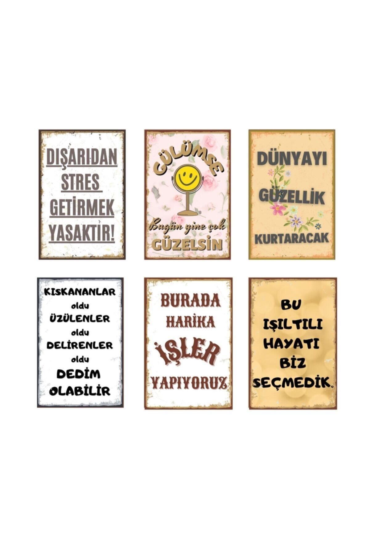 TABLOX Motive Edici Duvar Yazıları 6 Lı Retro Ahşap Poster Seti