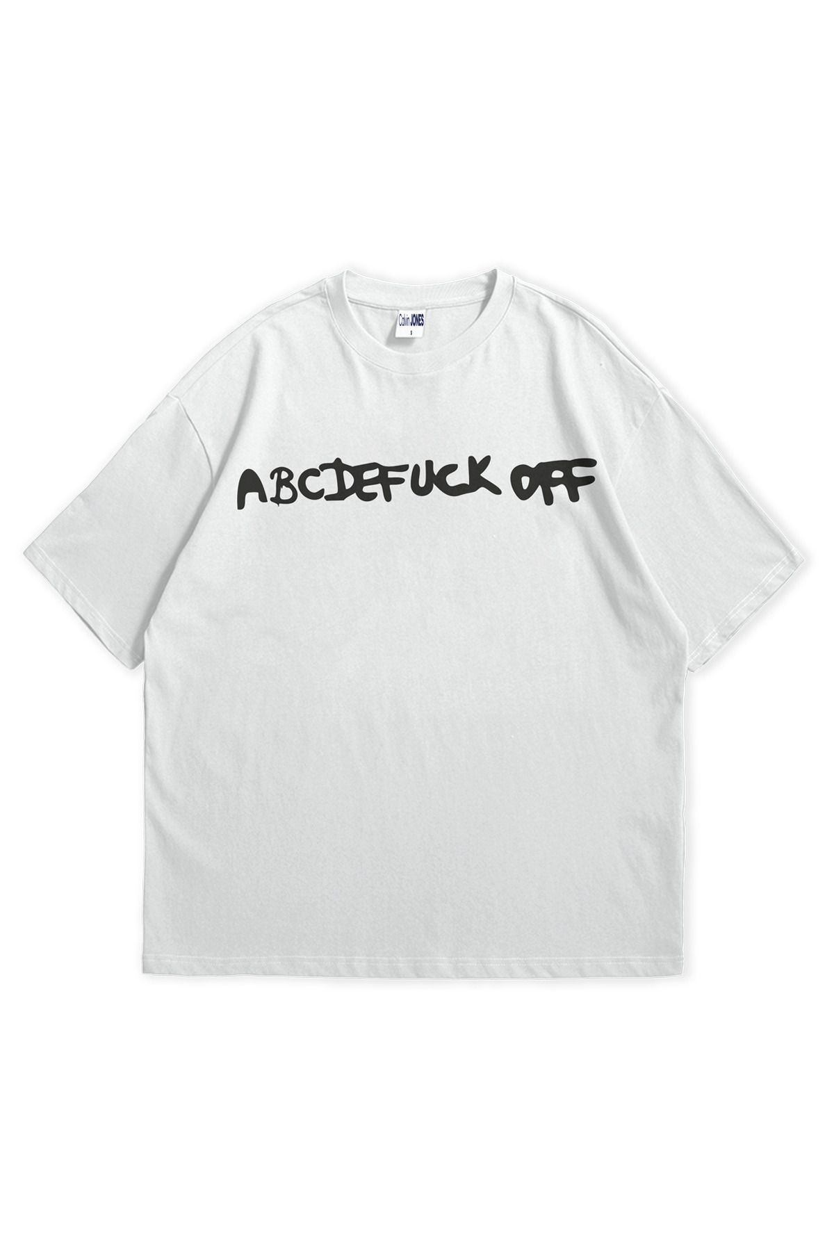 Scrovtie Beyaz Unisex Calvin Jones ABCDEFCKOFF Baskılı Bisiklet Yaka Kısa Kollu Oversize T-shirt