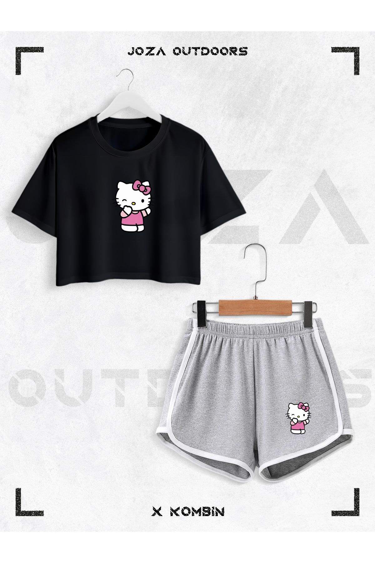Jobia Outdoors Kadın Hello Kitty Baskılı Tasarım Yazlık Oversize Crop ve Biyeli Şort 2li Takım