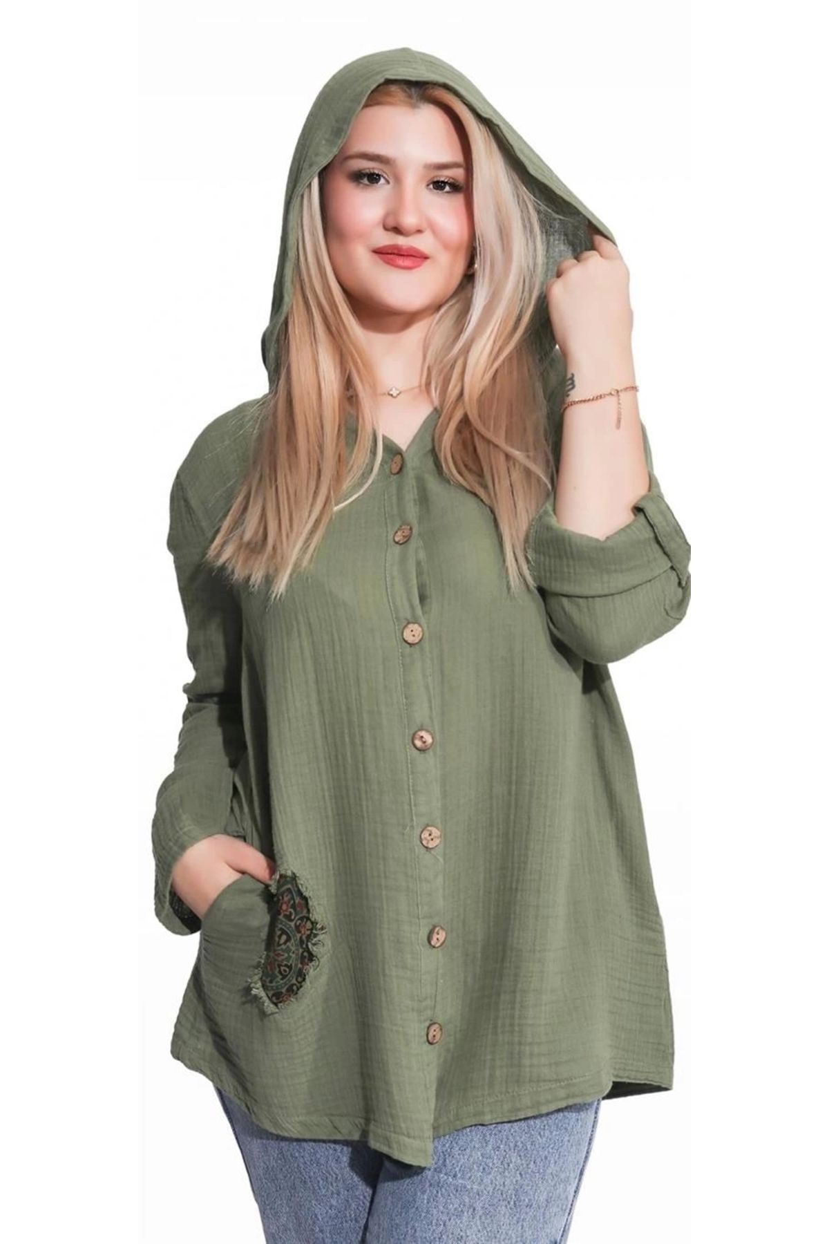 Lale Moda 125006 Müslin Kumaş Kapşonlu Kadın Gömlek Haki