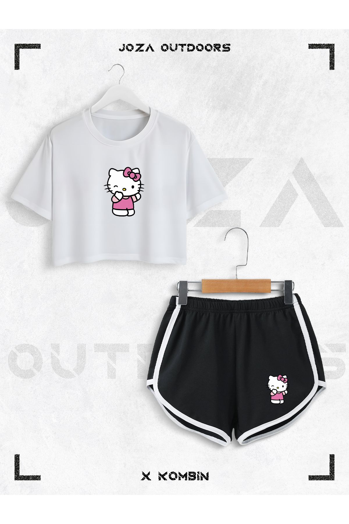 Jobia Outdoors Kadın Hello Kitty Baskılı Tasarım Yazlık Oversize Crop ve Biyeli Şort 2li Takım
