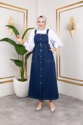 HARMAN BUTİK Kadın Askılı Lacivert Kot Salopet