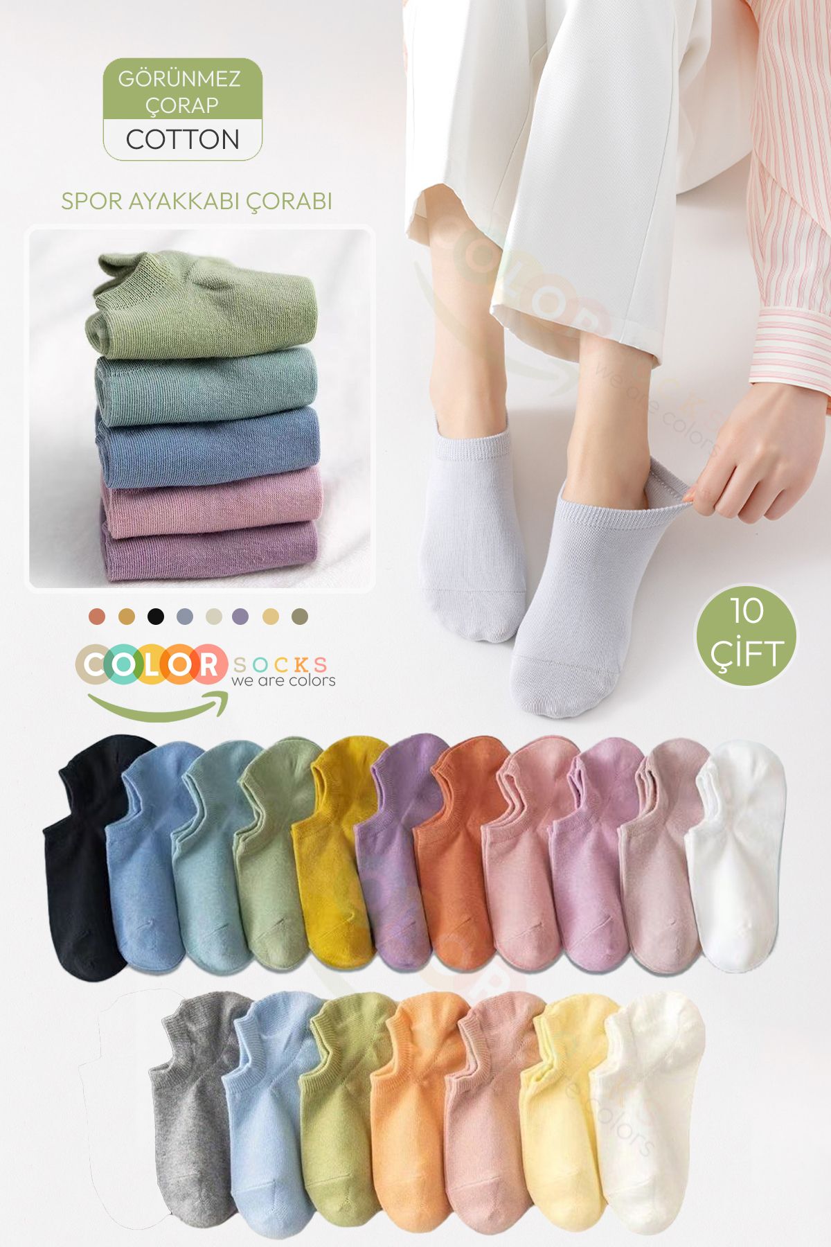 Color Socks 10 Çift Renkli Spor Ayakkabı Çorabı Pamuklu Likralı Penye