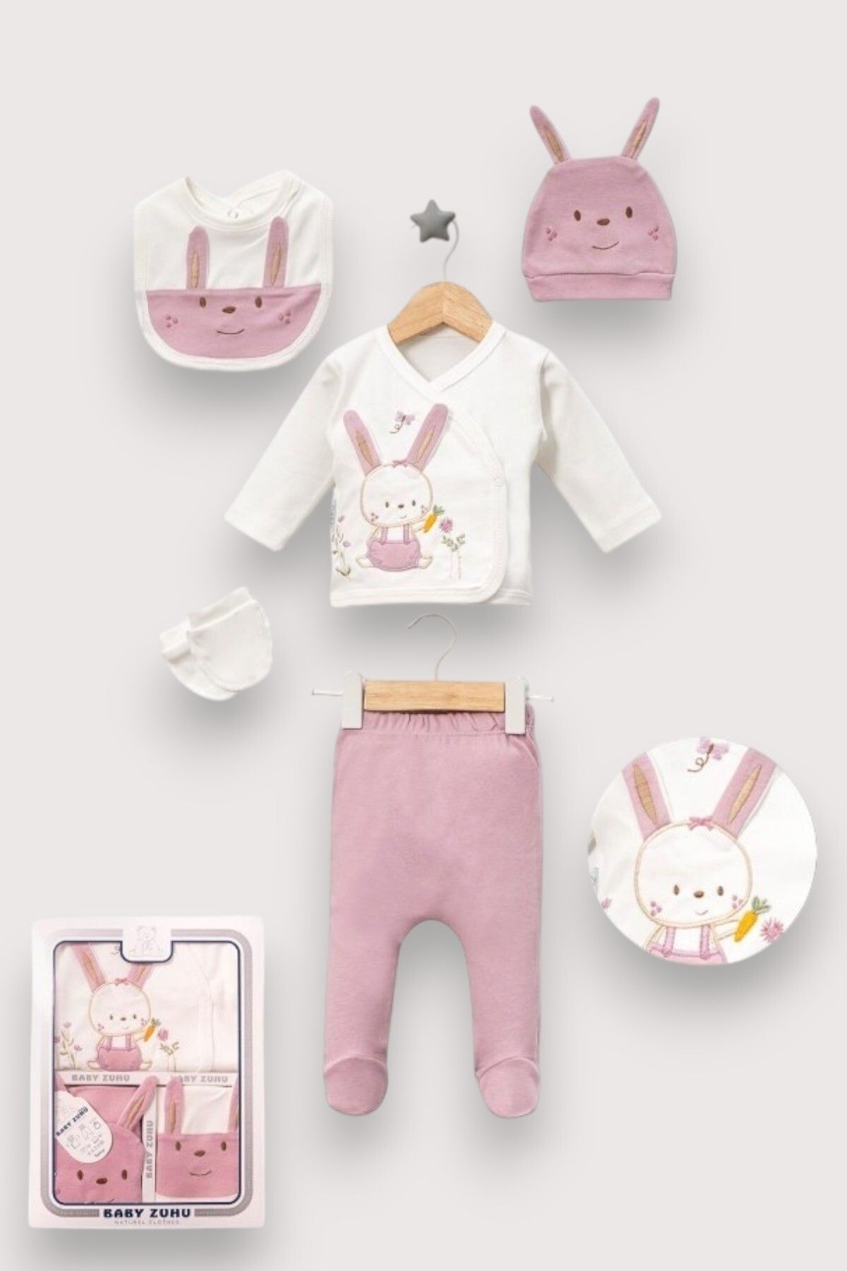 MINNOOSH BABY (Kutulu) Kulaklı Tavşan 5 Li Organik Pembe Hastane Çıkış Seti Kız