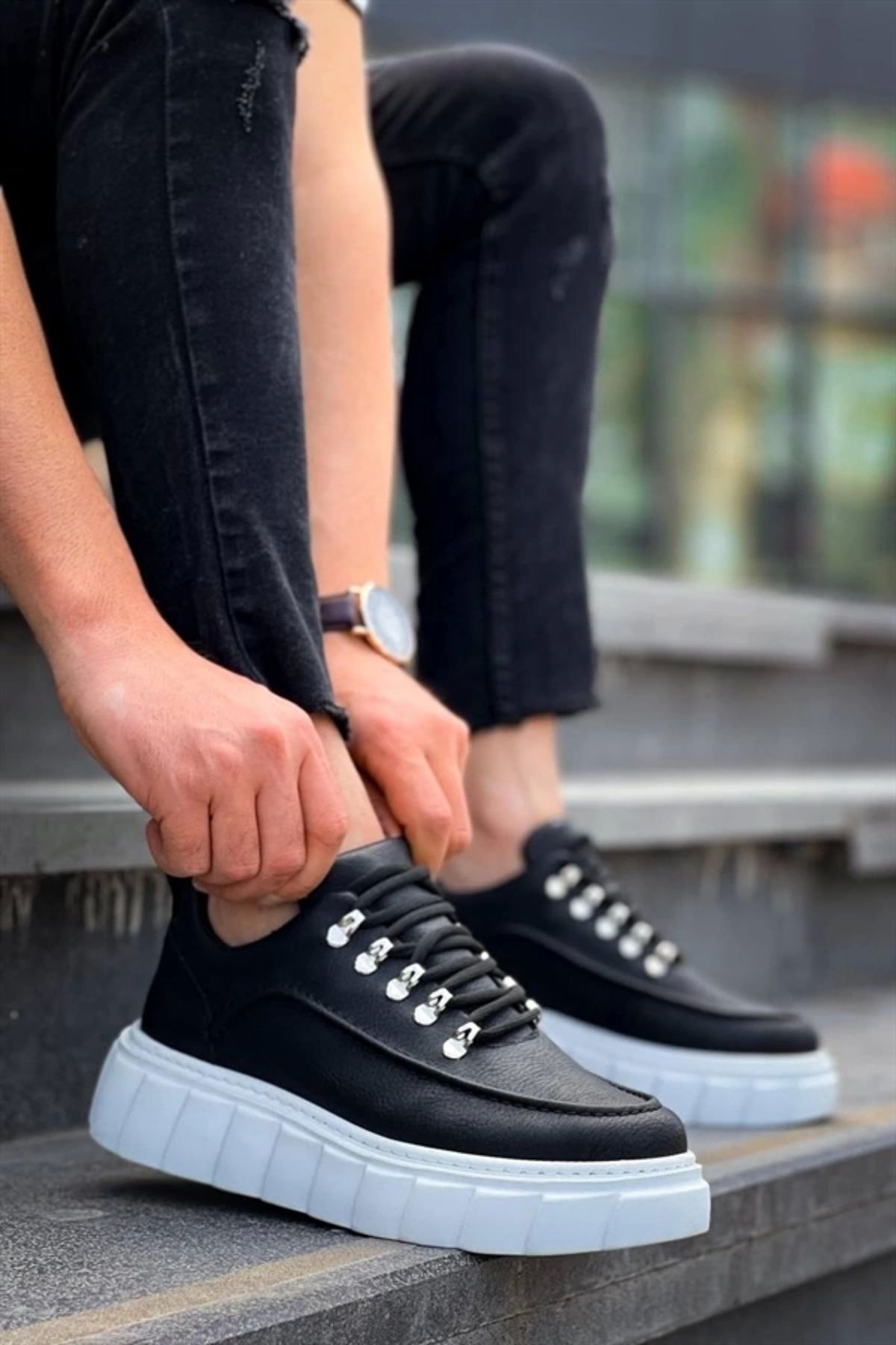 FASHIONLINE KB-X10 Kuback Siyah Cilt Beyaz Yüksek Taban Günlük Spor Ayakkabı