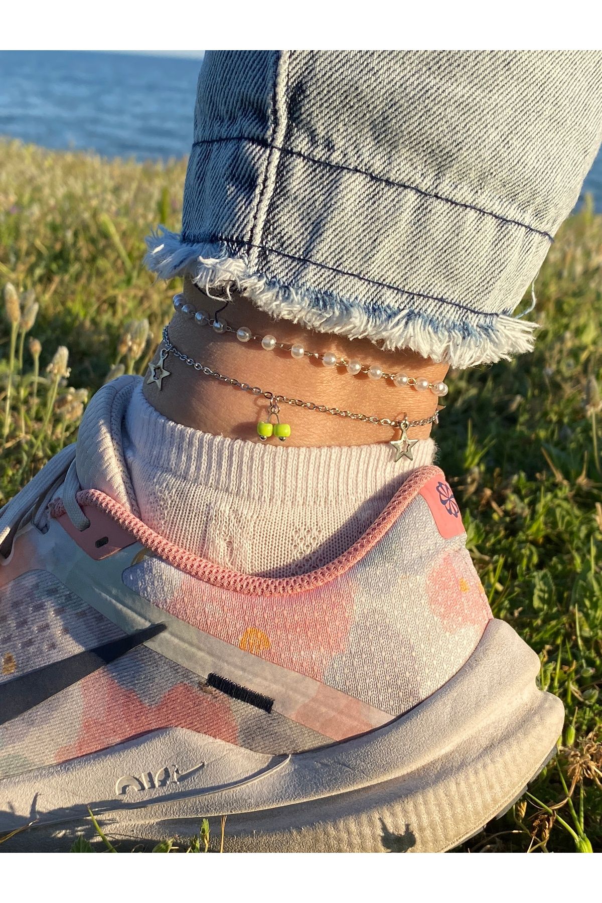 kurukafagift Halhal Çelik Yıldız İkili Model Boncuklu İncili Model