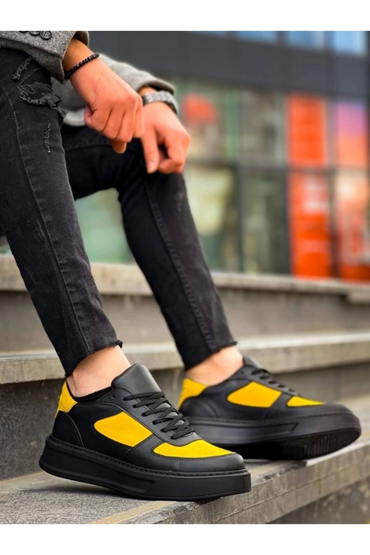 FASHIONLINE KB-X8 Kuback Siyah Sarı Cilt Yüksek Taban Günlük Spor Ayakkabı