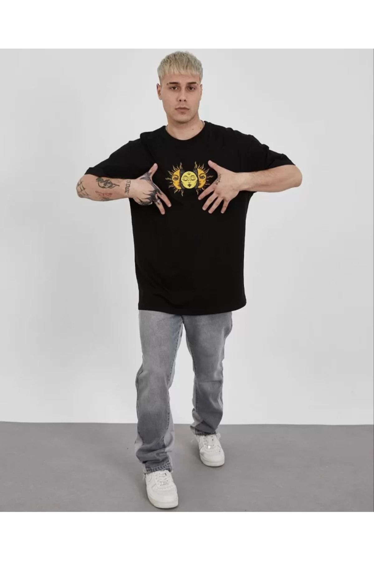 BBbutik Unisex Bisiklet Yaka Baskılı Oversize Güneş Detaylı T-Shirt