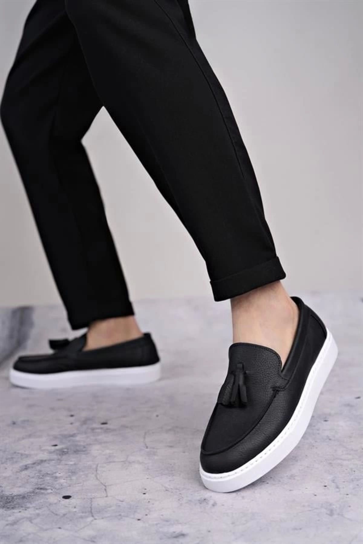 FASHIONLINE SLW153 Bloom Bağcıksız Püsküllü Cilt Erkek Günlük Spor Klasik Ayakkabı CBT - Siyah