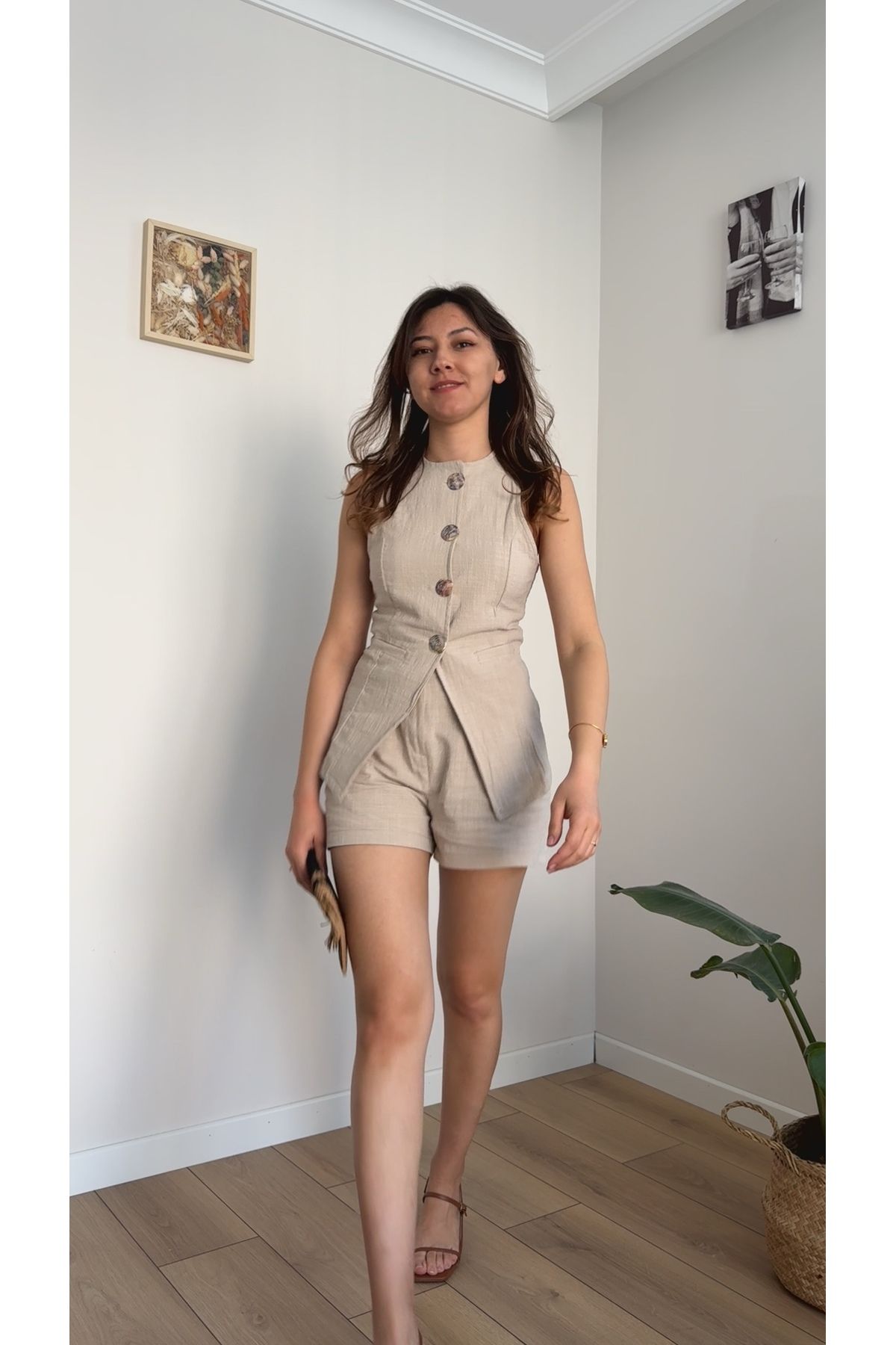 TUSİVA STORE VİZON KETEN YELEK ŞORT TAKIM