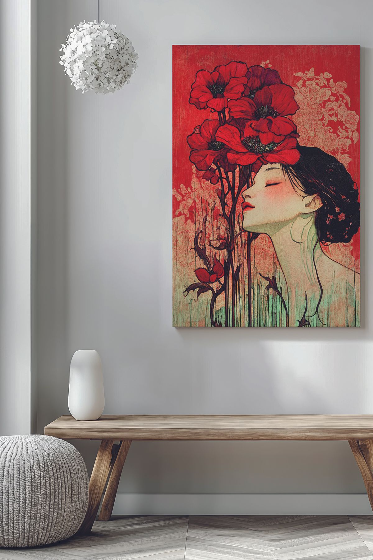 Store Kırmızı Gelincikler ve Kadının Güzelliği Premium Kanvas Tablo