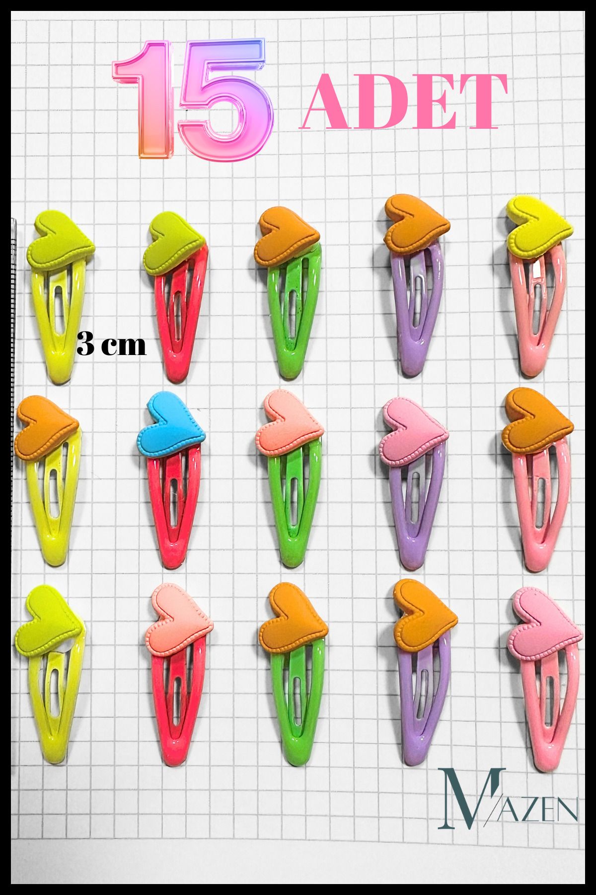 MAZEN "Minik Boy Kalpli Çıtçıt Toka – 3 cm | 15’li Renkli Set | Çocuklara Özel Sevimli Tasarım"