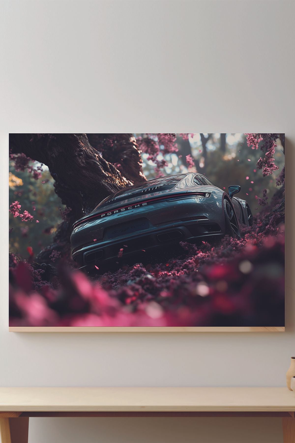 Store Pembe Çiçek Yağmuru Altında Efsanevi Porsche Premium Kanvas Tablo
