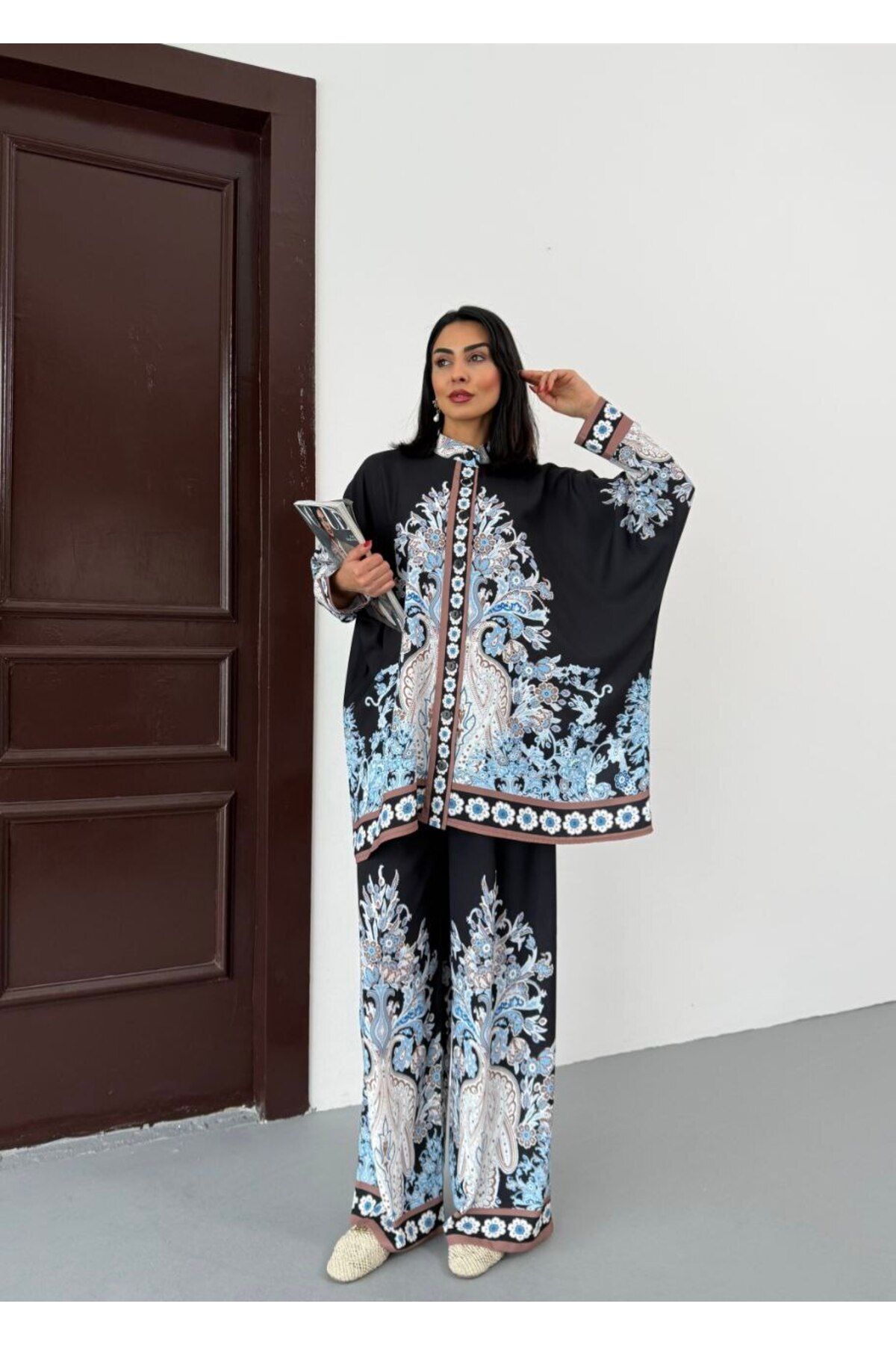 WellWay İthal Jessica Kumaş Gömlek & Pantolon 2li Takım-Siyah Çiçekli-25100