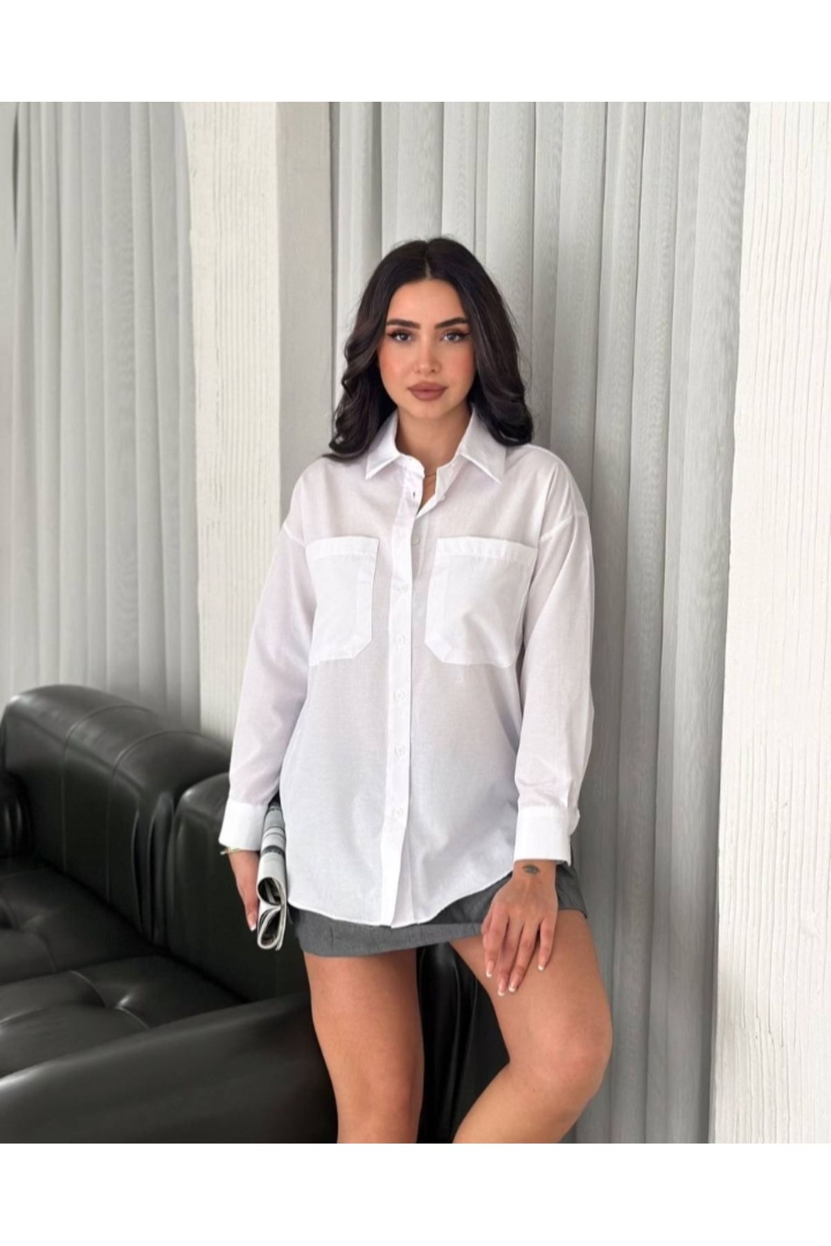 sümel butik Kadın Çift Cepli Yakalı Beyaz Gömlek