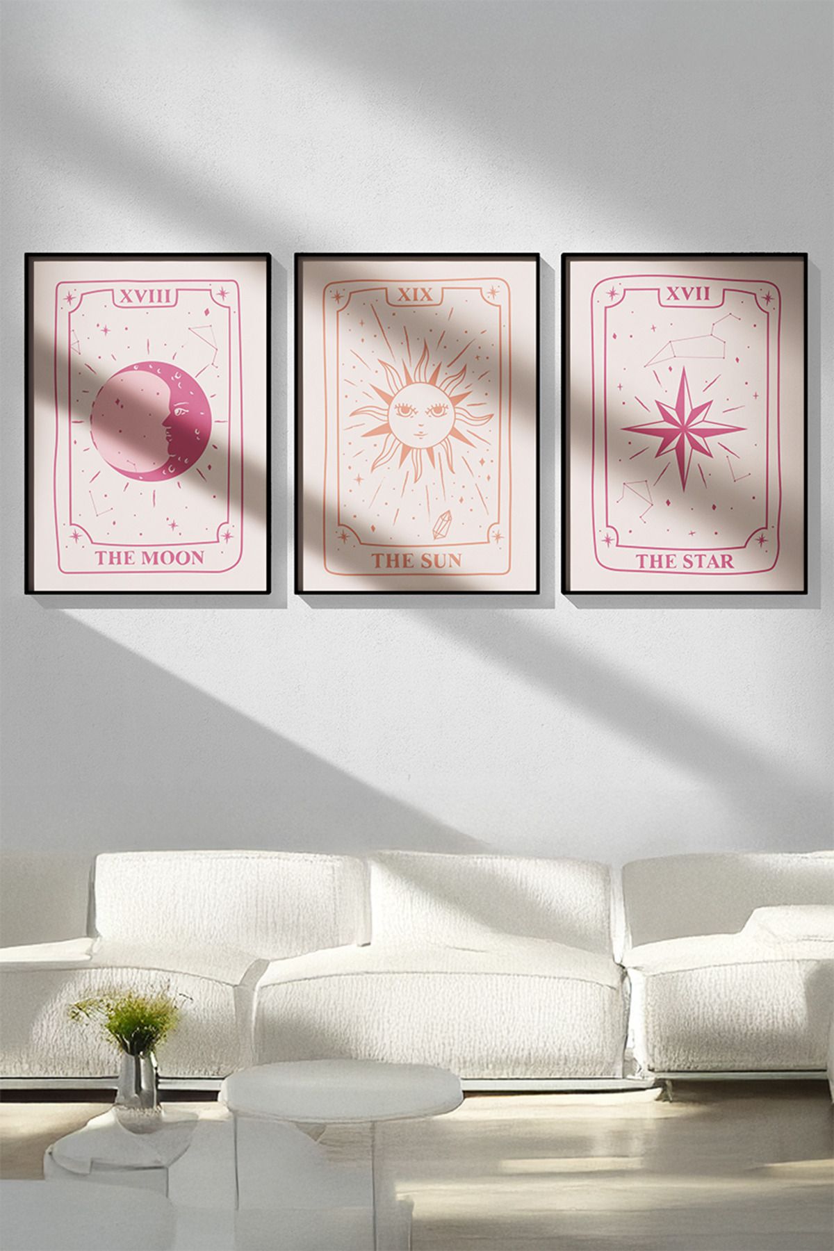 baselith Pembe Tarot Kart Poster Seti - The Moon The Sun The Star 3’lü Minimal Duvar Dekor - Çerçevesiz Baskı