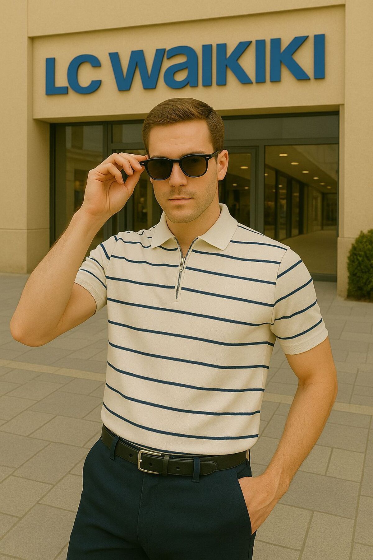 LC Waikiki Polo Yaka, Fermuarlı, Modern Fit Kısa Kollu Erkek Çizgili Triko Tişört - Çizgili Tasarım