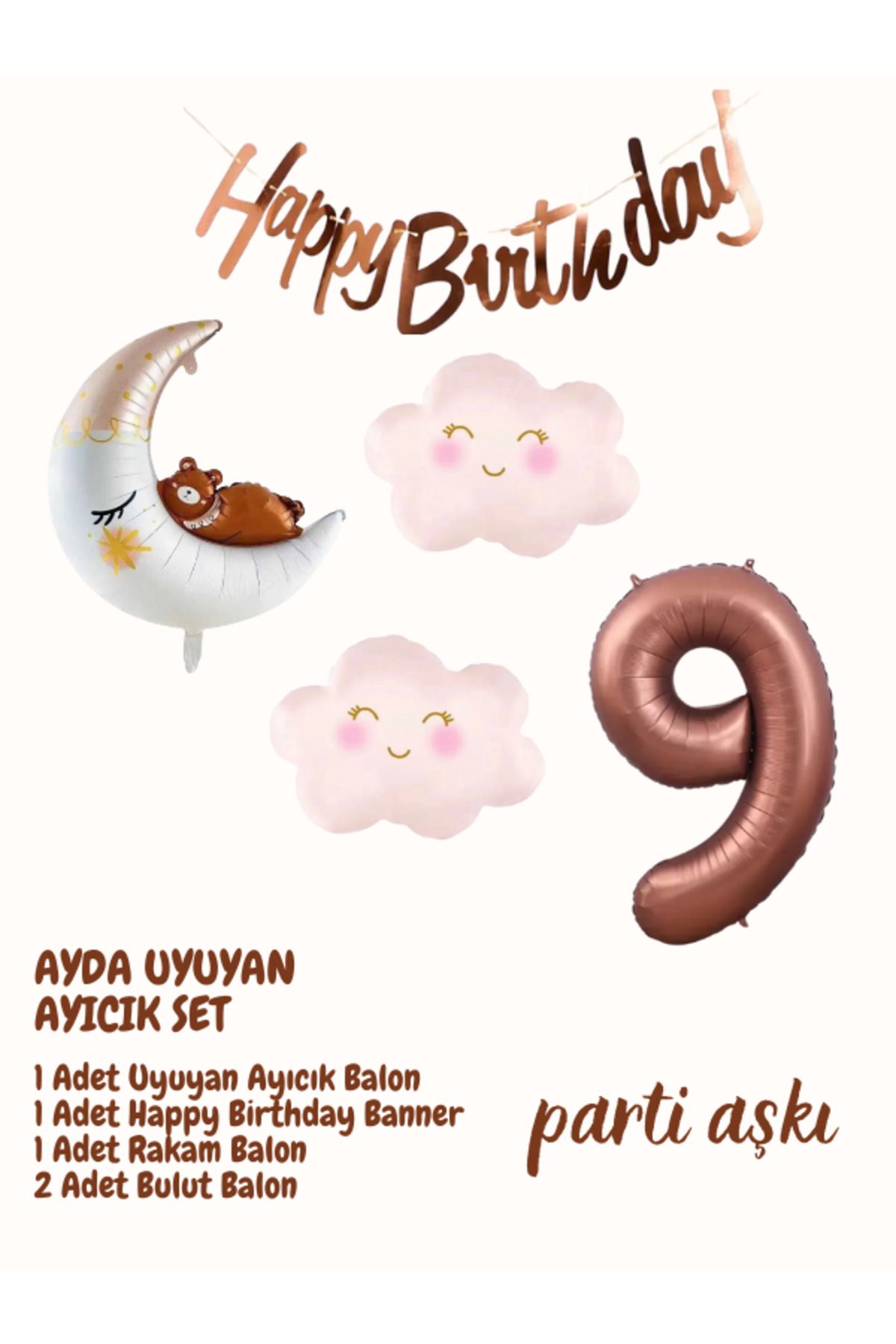 PARTİ AŞKI 9 Yaş Ayda Uyuyan Sevimli Ayı 5'li Balon Seti & Kız Çocuk Bebek Konsept Doğum Günü Balon Seti