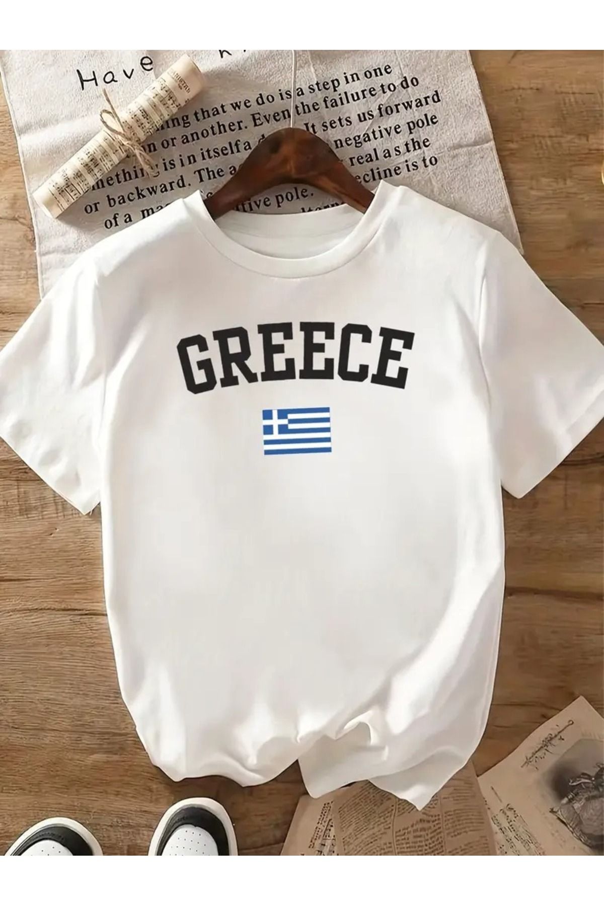 PALPİTO Kadın Beyaz Greece Bayrak Baskılı Oversize T-Shirt