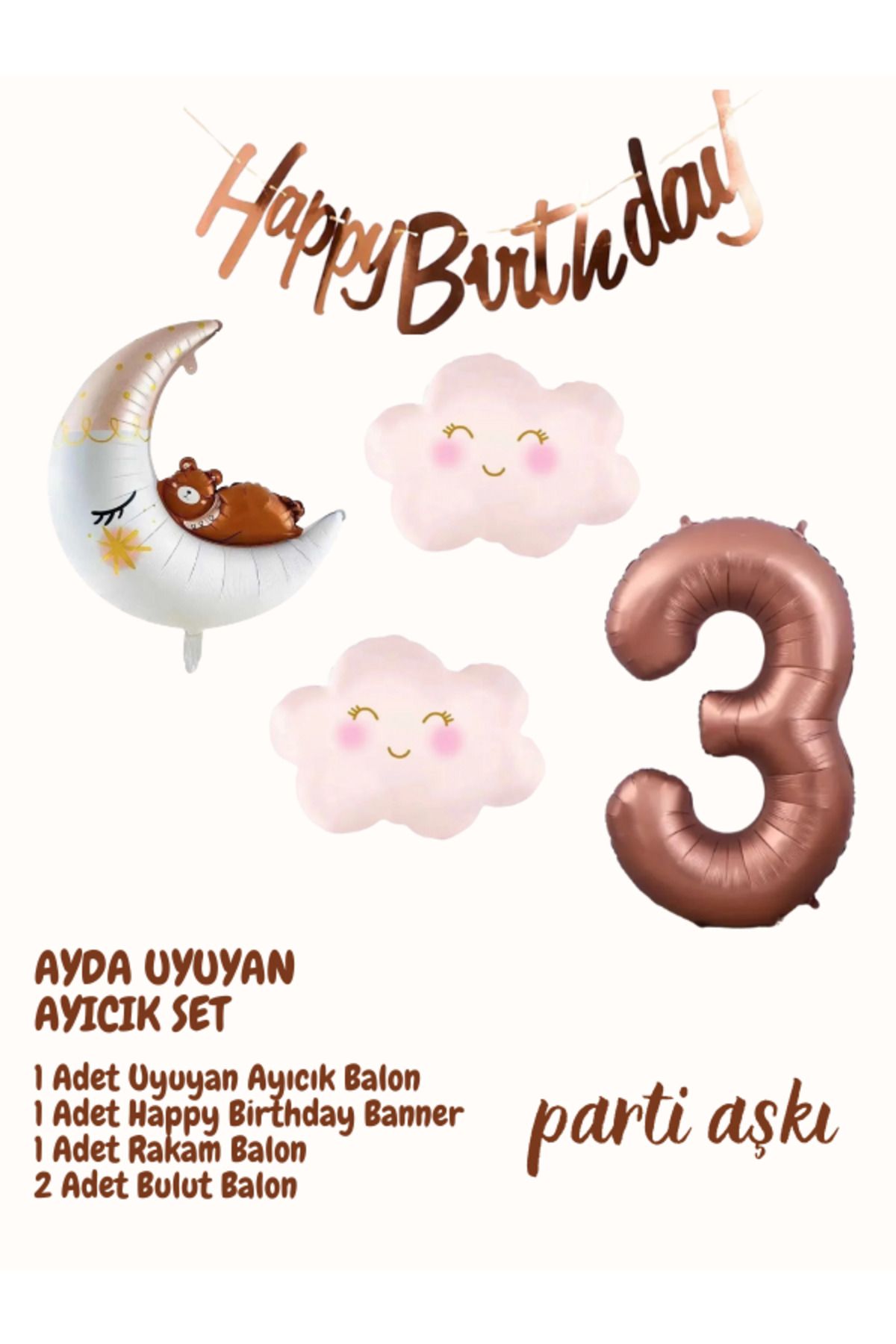 PARTİ AŞKI 3 Yaş Ayda Uyuyan Sevimli Ayı 5'li Balon Seti & Kız Çocuk Bebek Konsept Doğum Günü Balon Seti