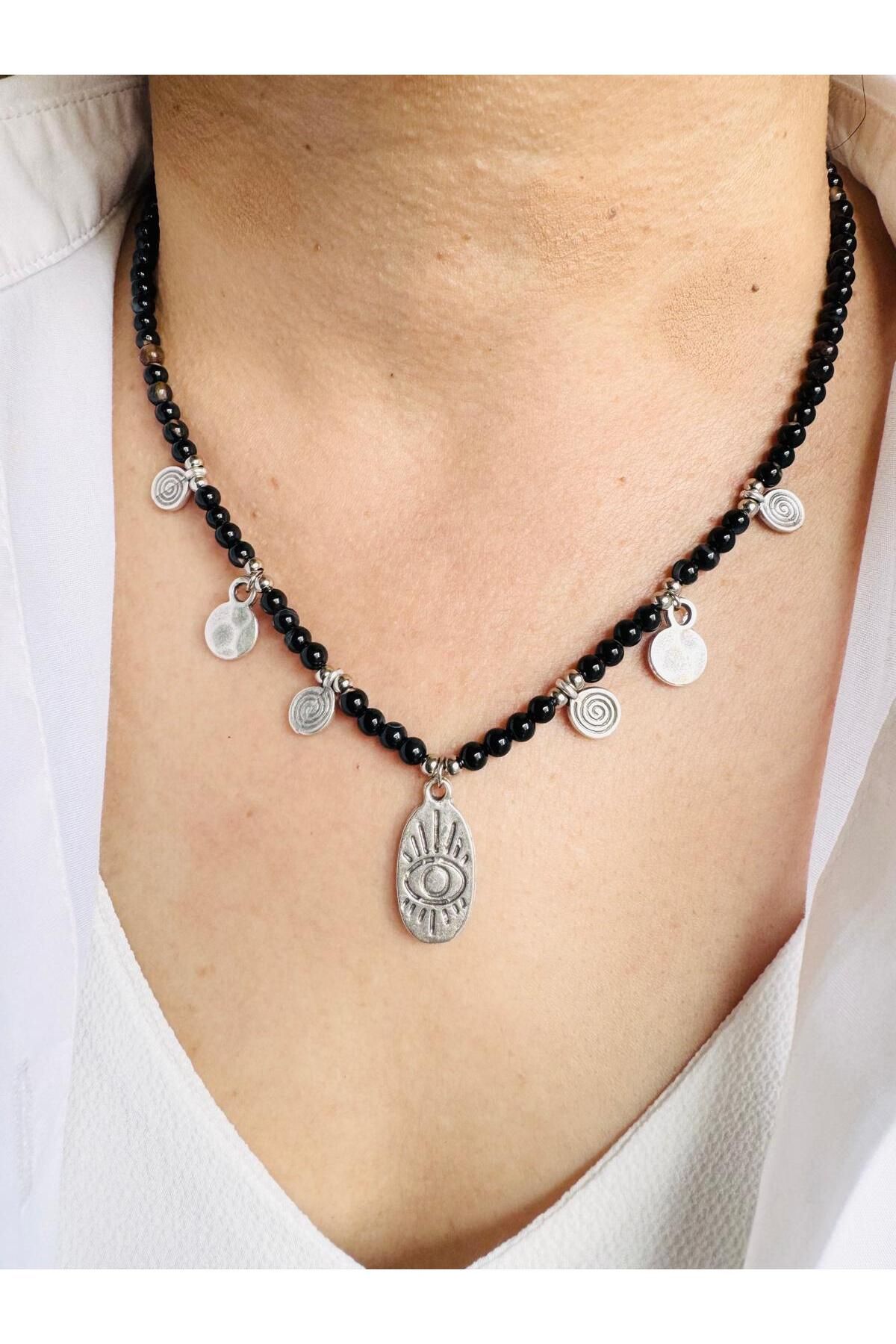 DEVİ fashion Akik Doğal Taş Otantik Göz Kolye 47 cm