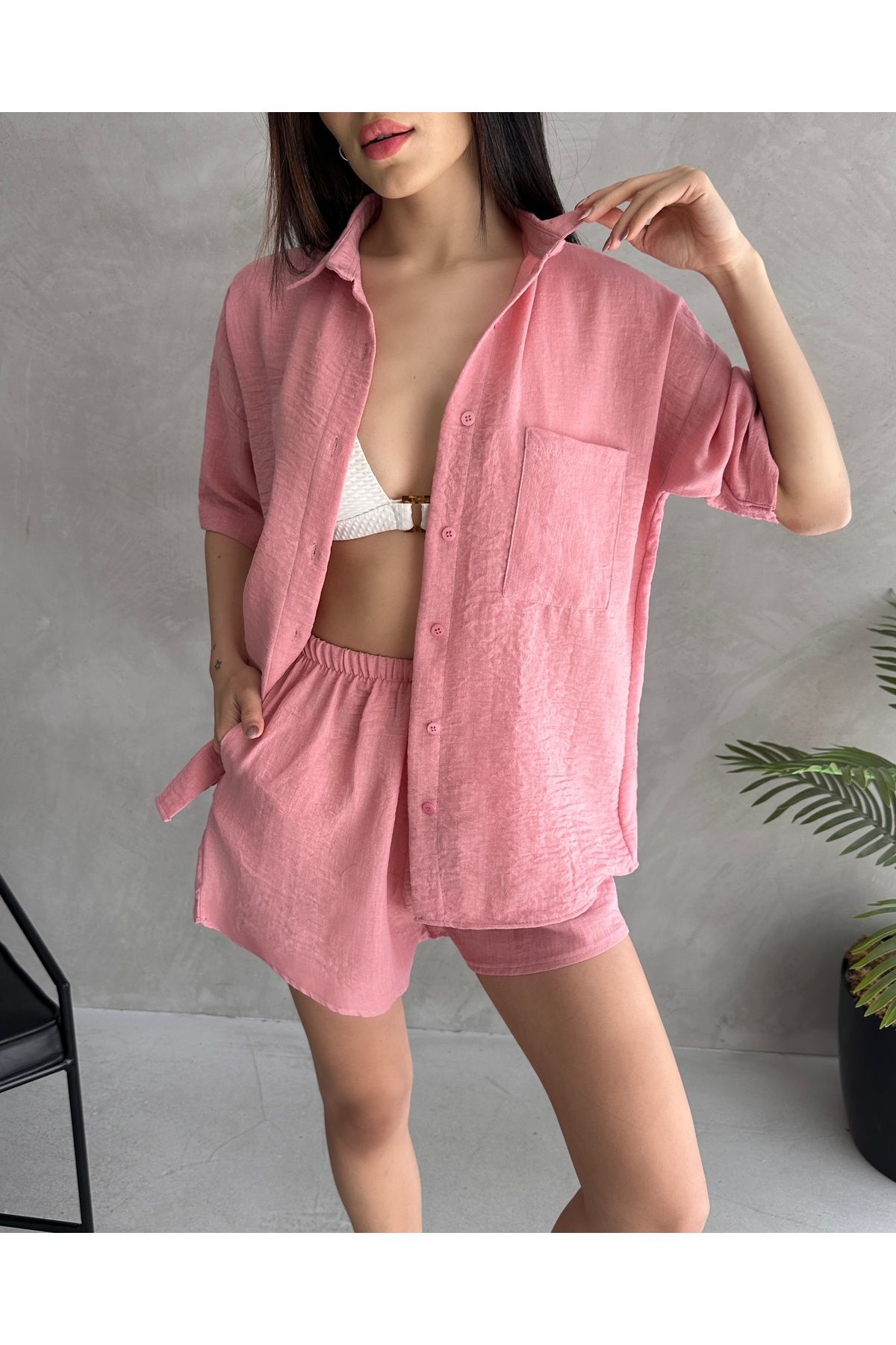 Fav Style Kadın Aerobin Keten Kısa Kollu Gömlek ve Şort Alt-Üst Takım Pembe