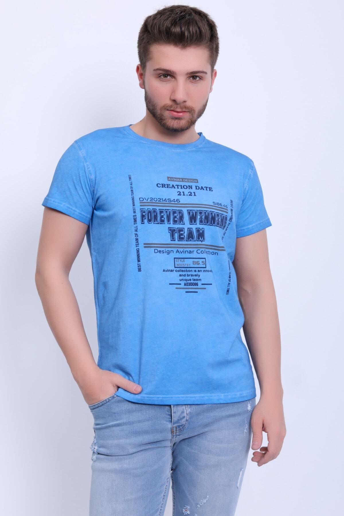 Avinar Unisex Bisiklet Yaka Baskılı Yıkamalı T-shirt