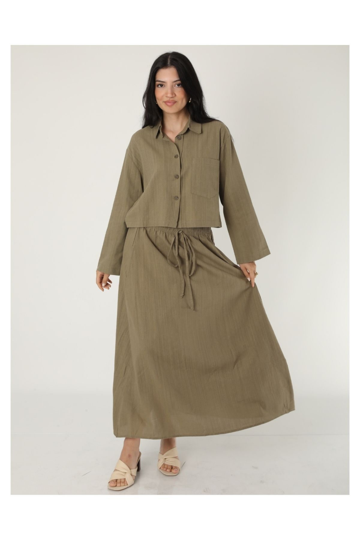 DEQ FASHION Kadın Haki Yeşili Keten Oversize Gömlek Etek İkili Takım
