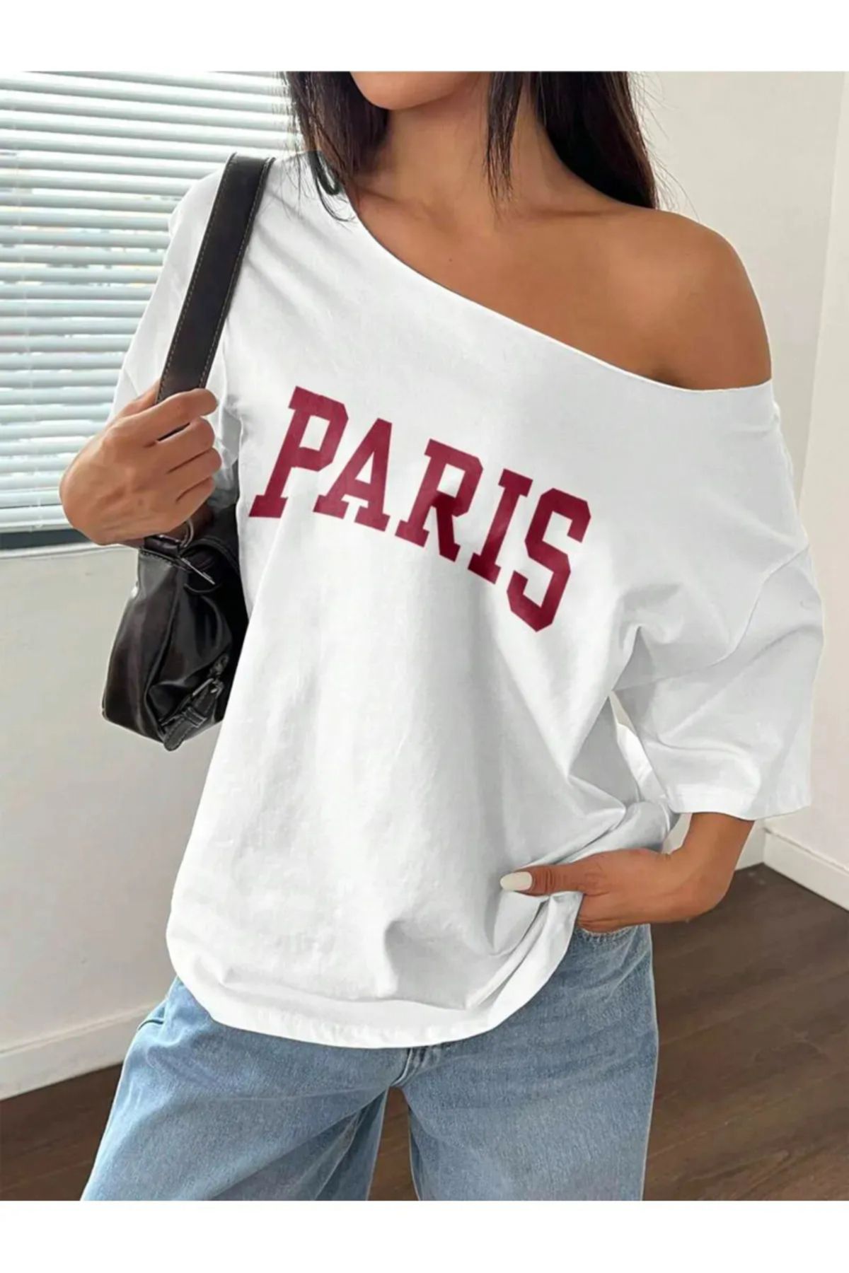 Koklonmoda Büyük Beden Kadın Düşük Omuz Kayık Yaka Baskılı T-Shirt