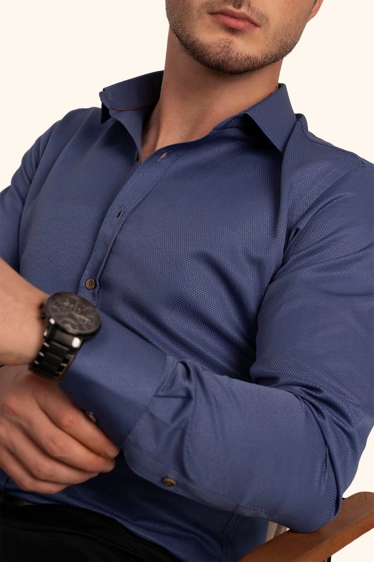 Etikmen İndigo Kahve Düğmeli Slimfit Hediye Kutulu Erkek Gömlek