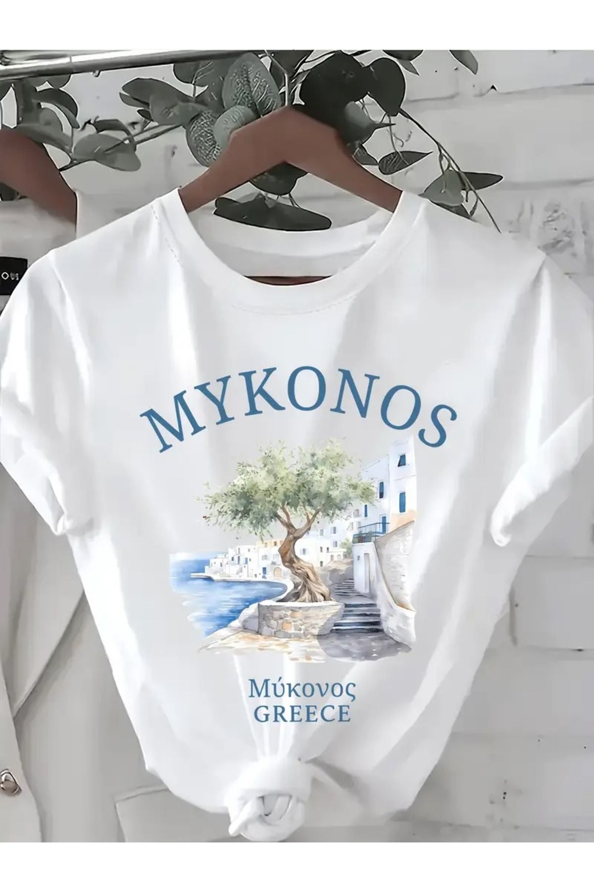 PALPİTO Kadın Beyaz Mykonos Baskılı Oversize T-Shirt