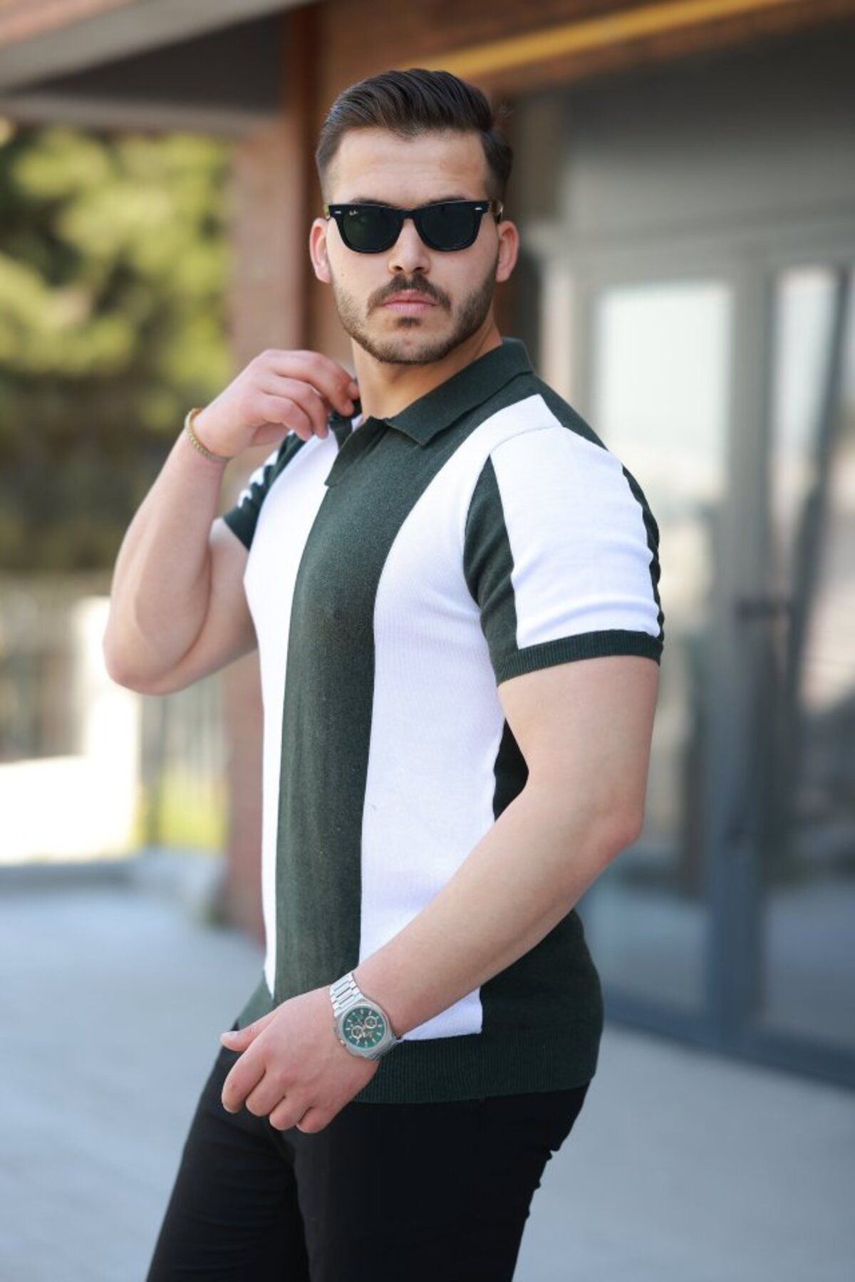 Albayrak Erkek Kısa Kollu Polo Yakalı Blok Desenli Triko Bluz