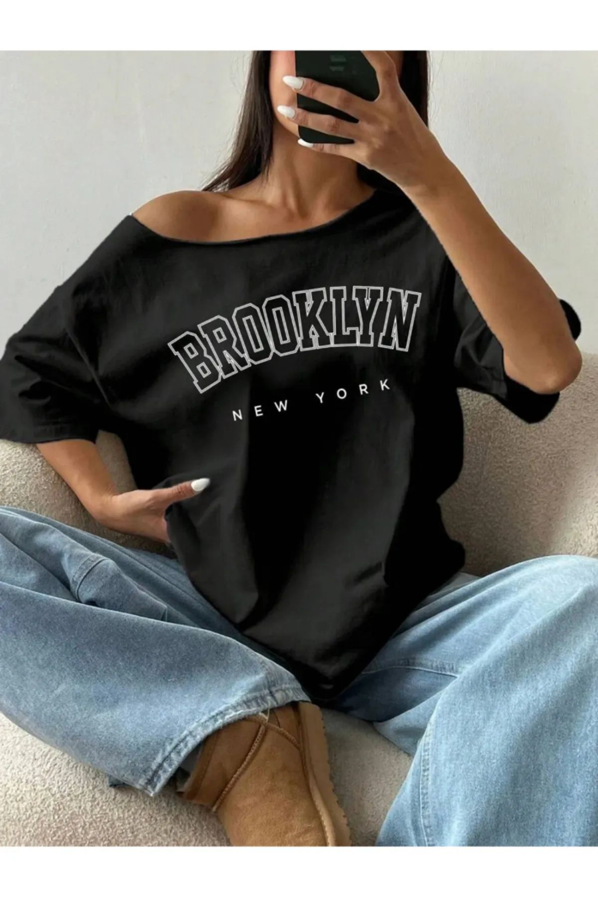 Koklonmoda Kadın Düşük Omuz Kayık Yaka Baskılı T-Shirt