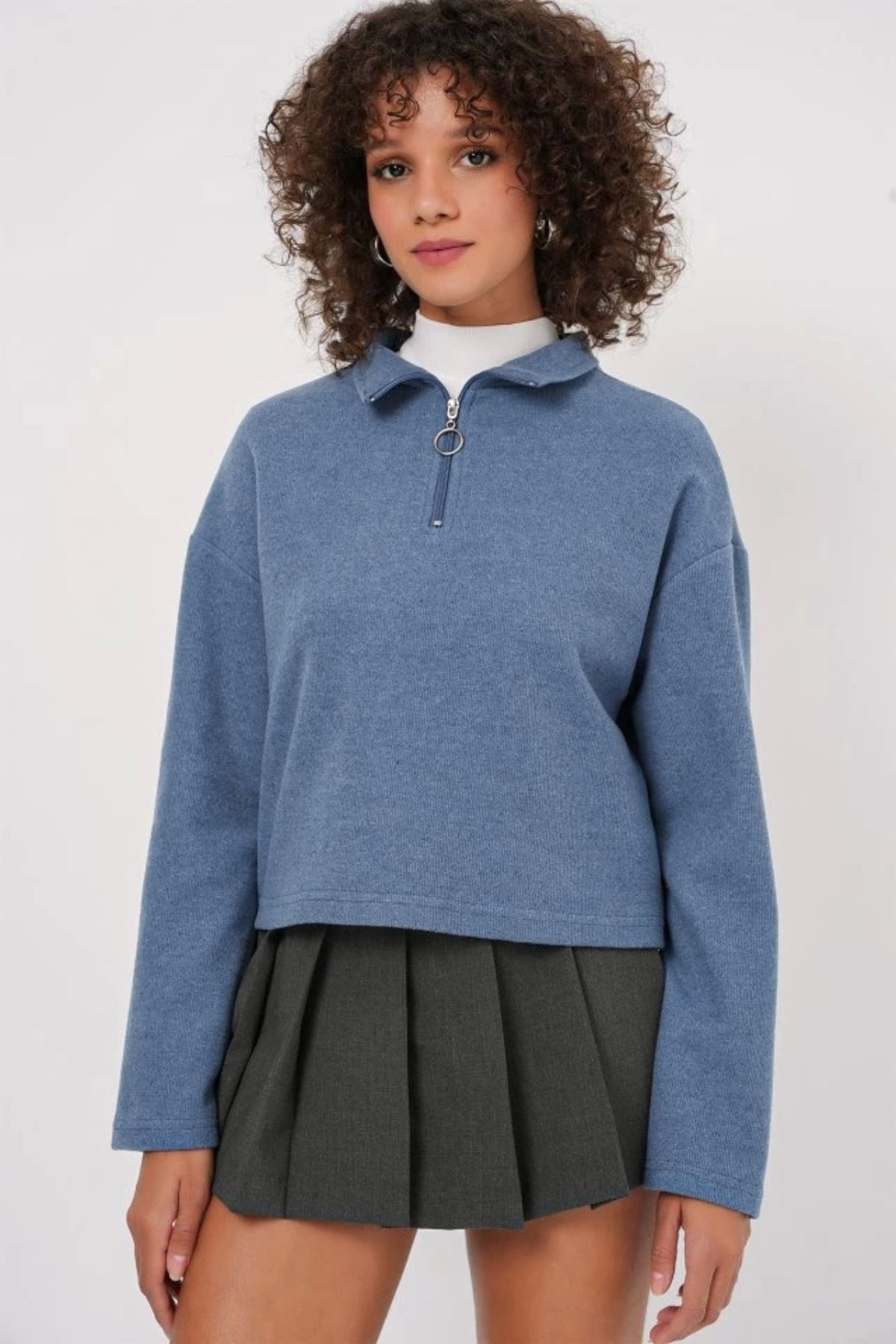 Silerra 55449 Fermuarlı Yaka Örme Sweatshirt - İndigo