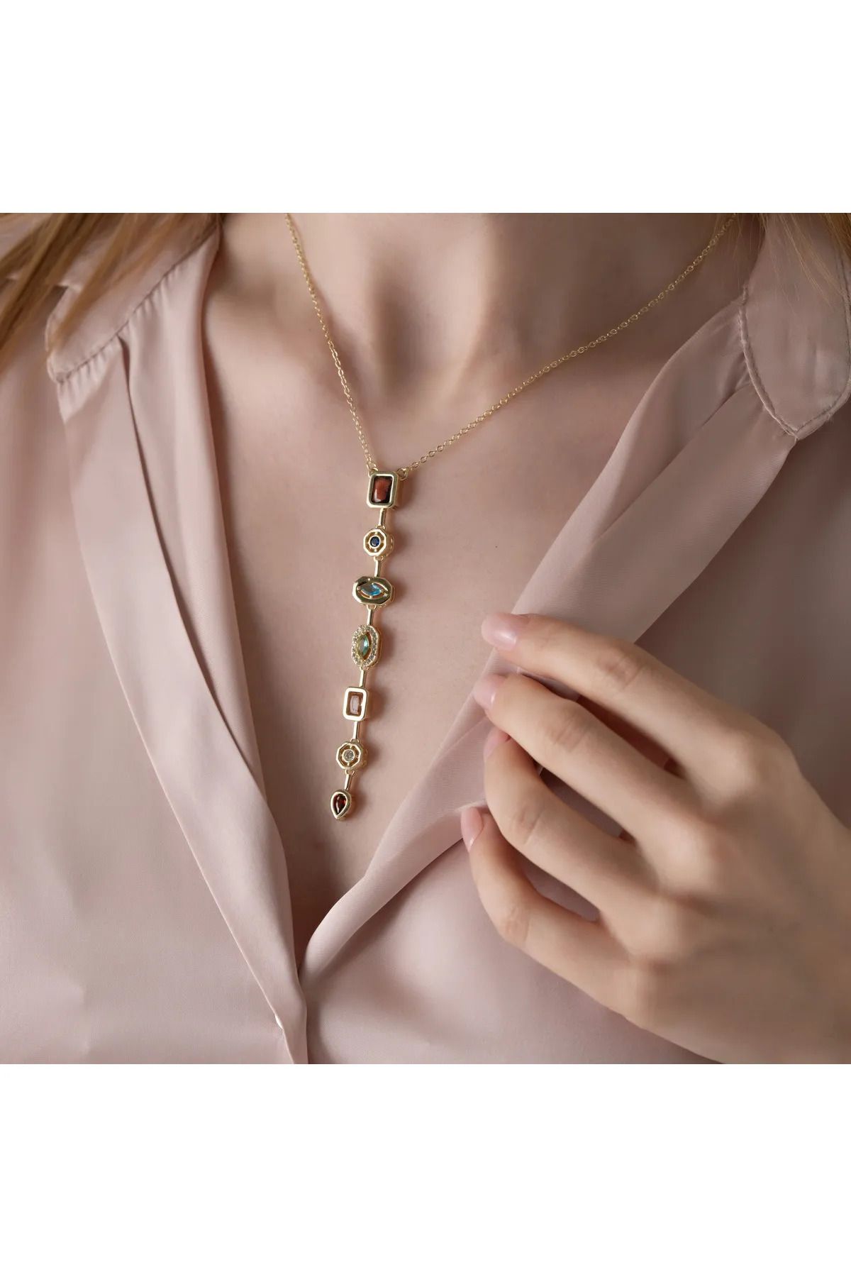 LAVİNYAMJEWELLERY Renkli Zirkon Taş Modeli Y Kolye
