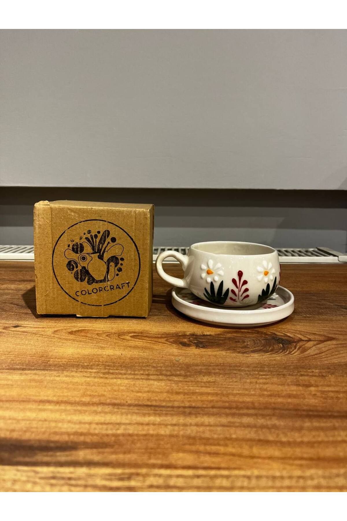 ColorCraft Papatya ve Kırmızı Desenli Tabaklı Seramik Kupa, Mug, Double Türk Kahvesi Filtre kahve